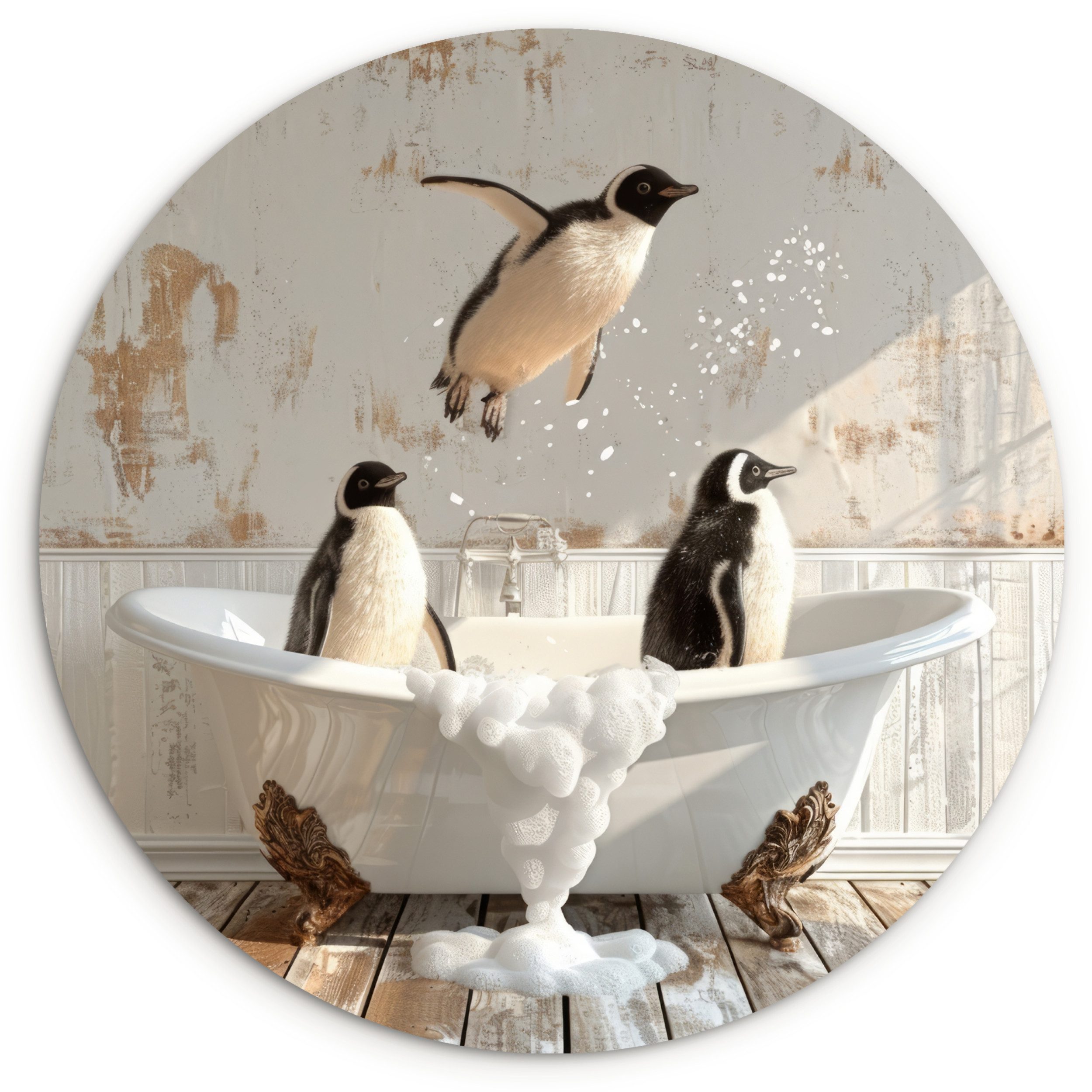 MuchoWow Gemälde Vintage - Pinguin - Badewanne - Schaumstoff, Fotodruck (1 St), Rundes wandbild für Wohnzimmer, Wandkreis, 90x90 cm