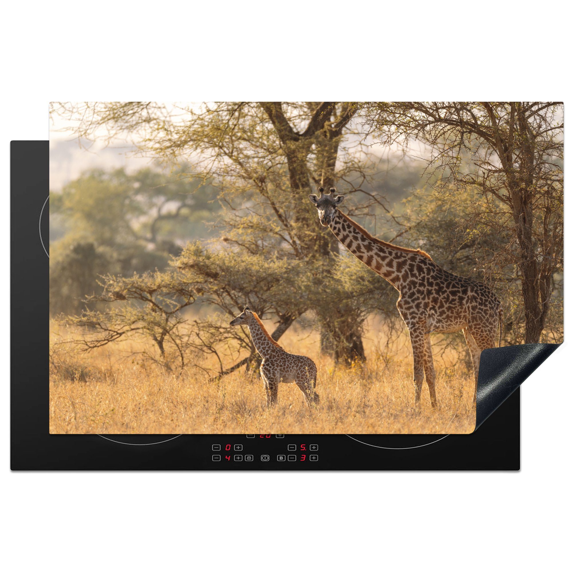 cm, die Induktionskochfeld Gras Giraffe Ceranfeldabdeckung für MuchoWow Schutz 81x52 Vinyl, - - tlg), (1 Kalb - küche, Afrika, Herdblende-/Abdeckplatte