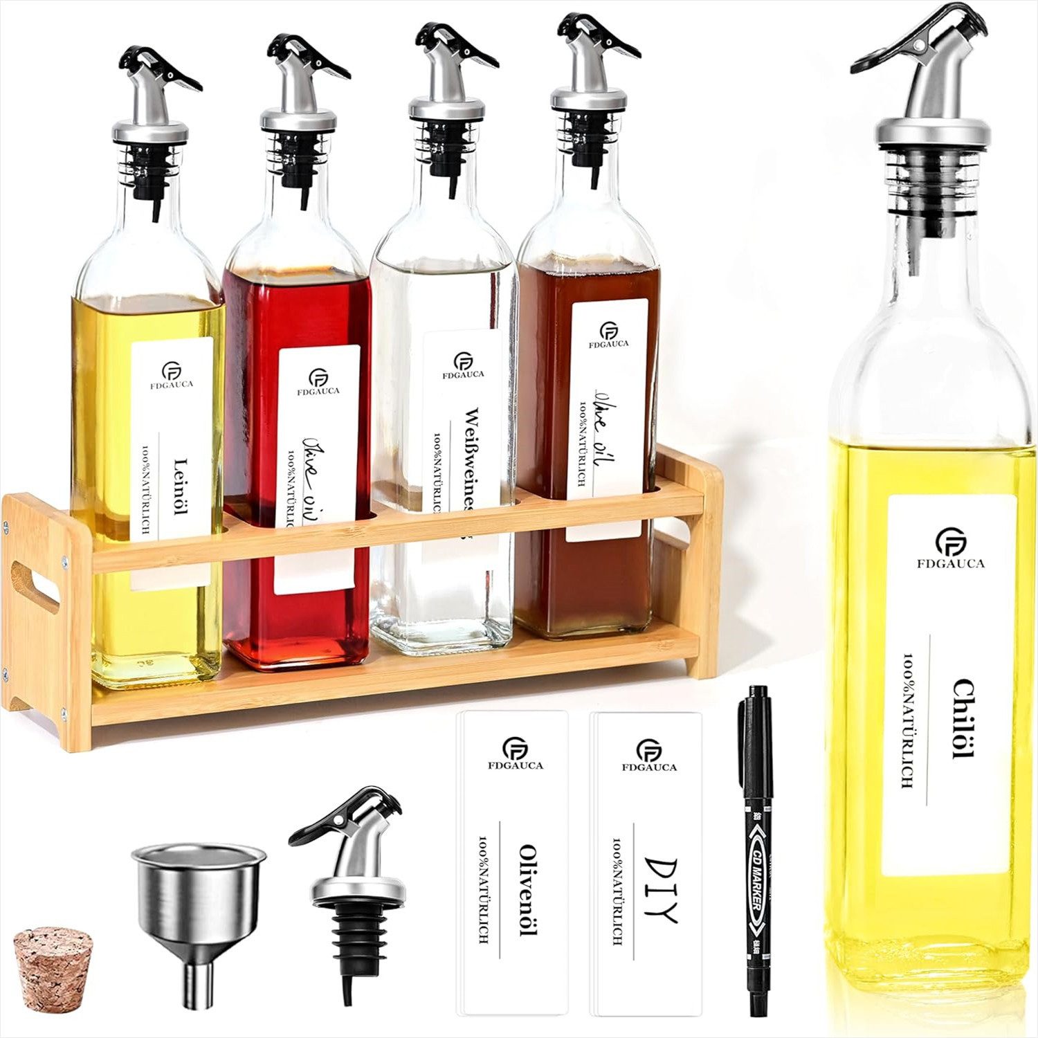 Ölspender 4Stk.Essig und Ölflaschen Set 500ml mit Rein Natürlich Bambus Regale
