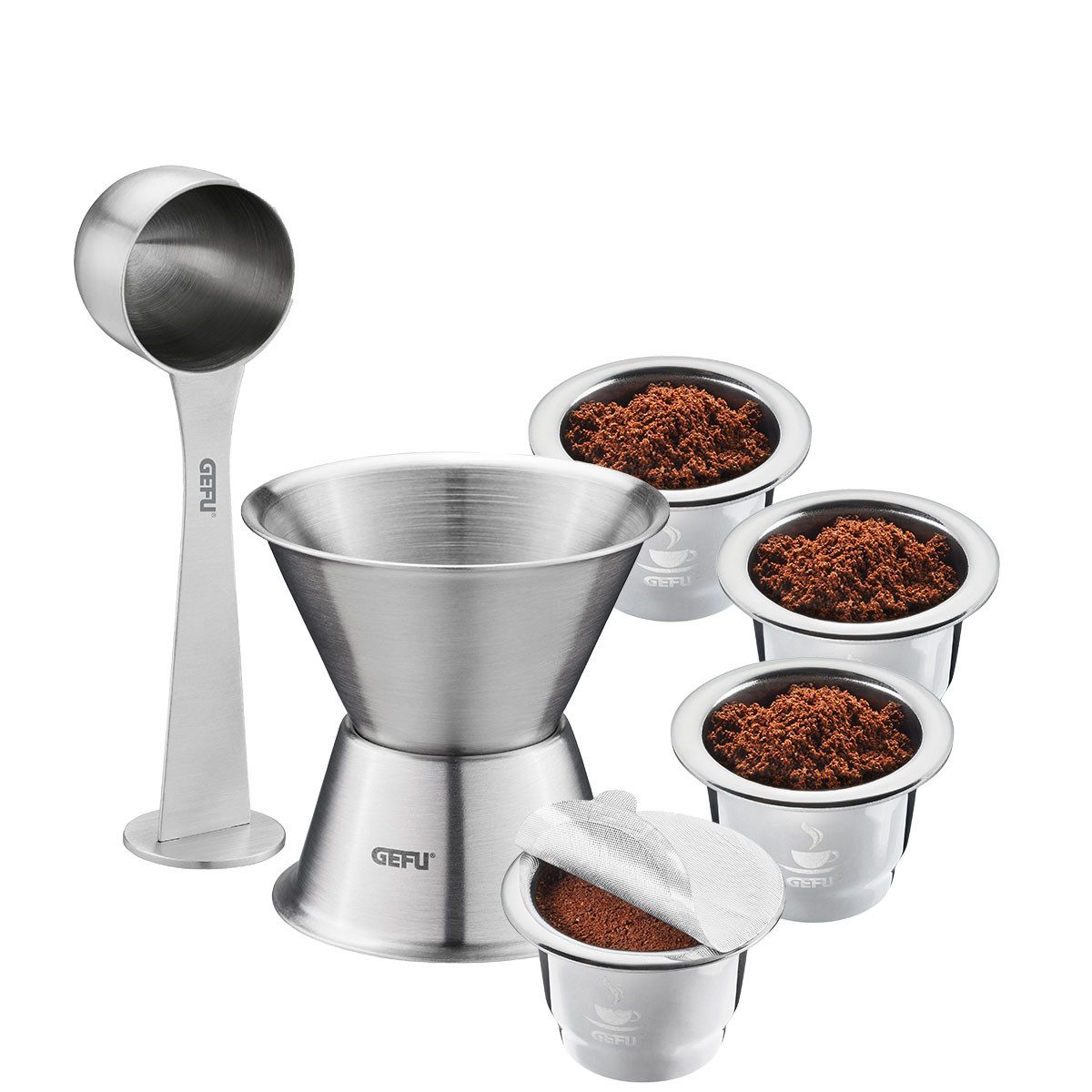 GEFU Wiederbefüllbare Espresso-Kapsel Set: Trichter und Kaffeemaß-Set CONSCIO + 4 Kaffee