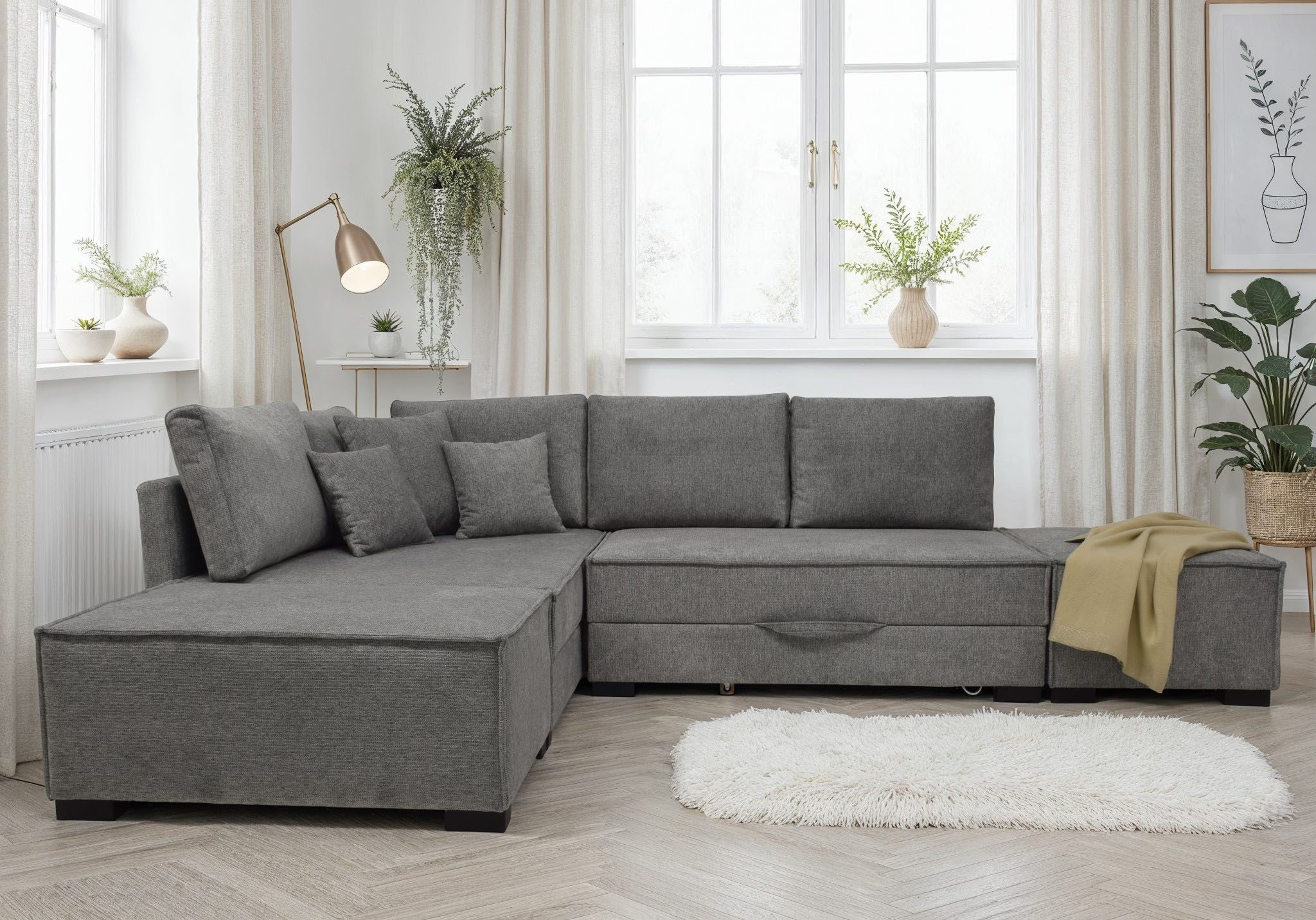 Home affaire Ecksofa Night & Day L-Form, B: 316 cm mit Dauer-Schlaffunktion 180x200 cm, Set: Sofa & Hocker, Schlaffunktion, Bettkasten & Kissen, Boxspringbett