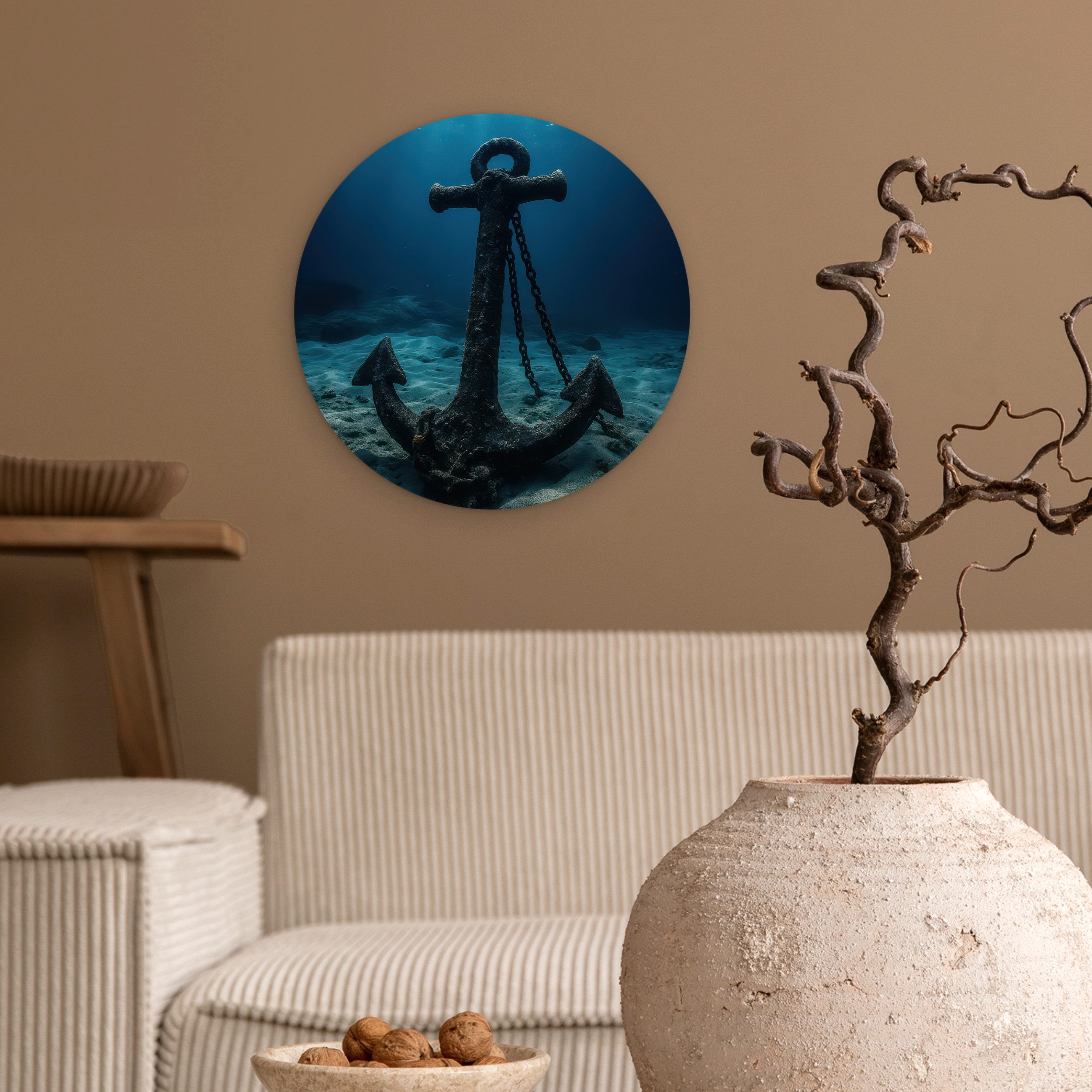 MuchoWow Gemälde Anker - Eisen - Meeresboden - Sand, Fotodruck (1 St), Kreis Wanddekoration, Rundes Wandbild, 30x30 cm