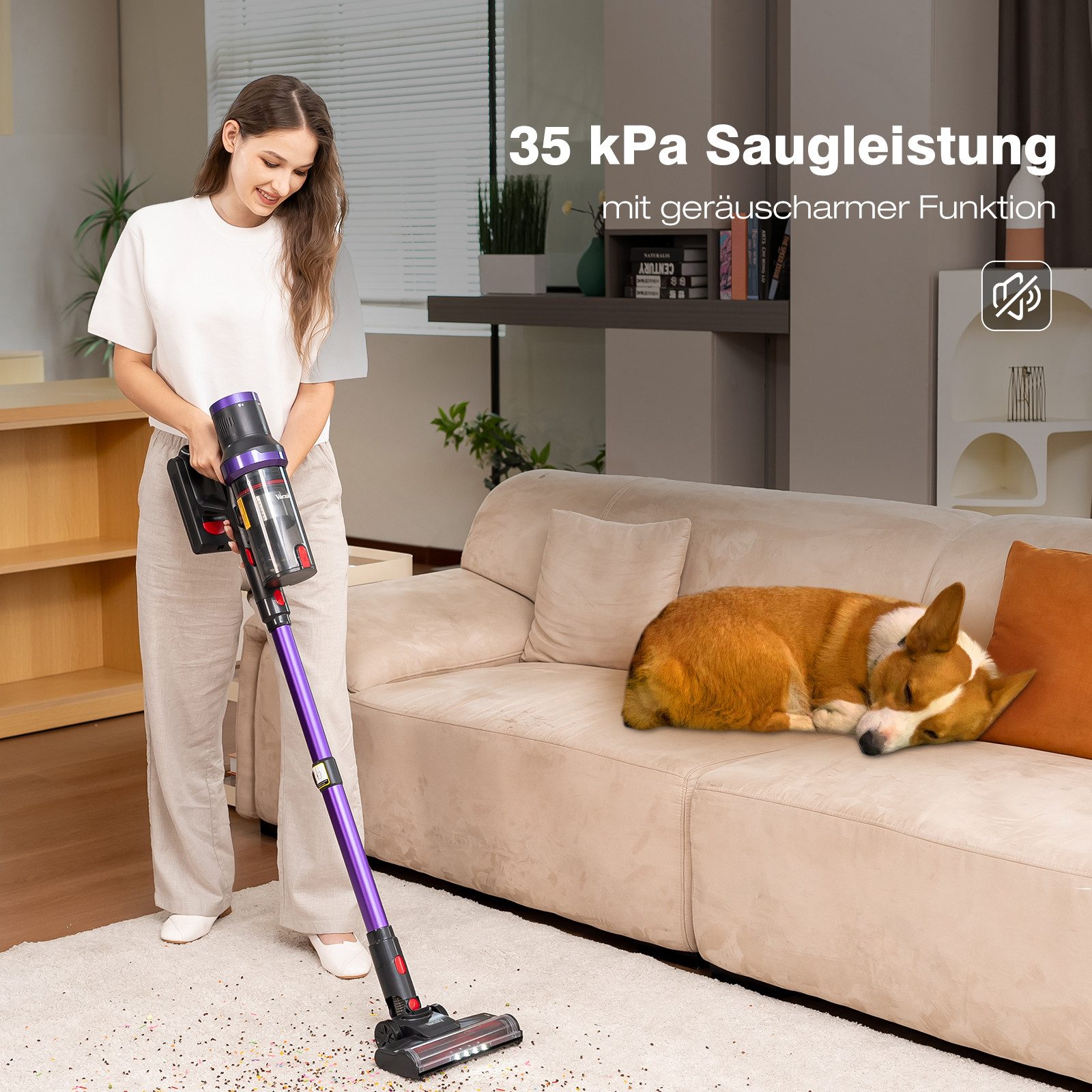 VacniQ Akku-Handstaubsauger für Hartholzböden, Teppiche, Tierhaare, 35kPa,30 Minuten Laufzeit, 450 W, beutellos, Anti-Tangle, 5-stufiger Filter, leistungsstark und leicht