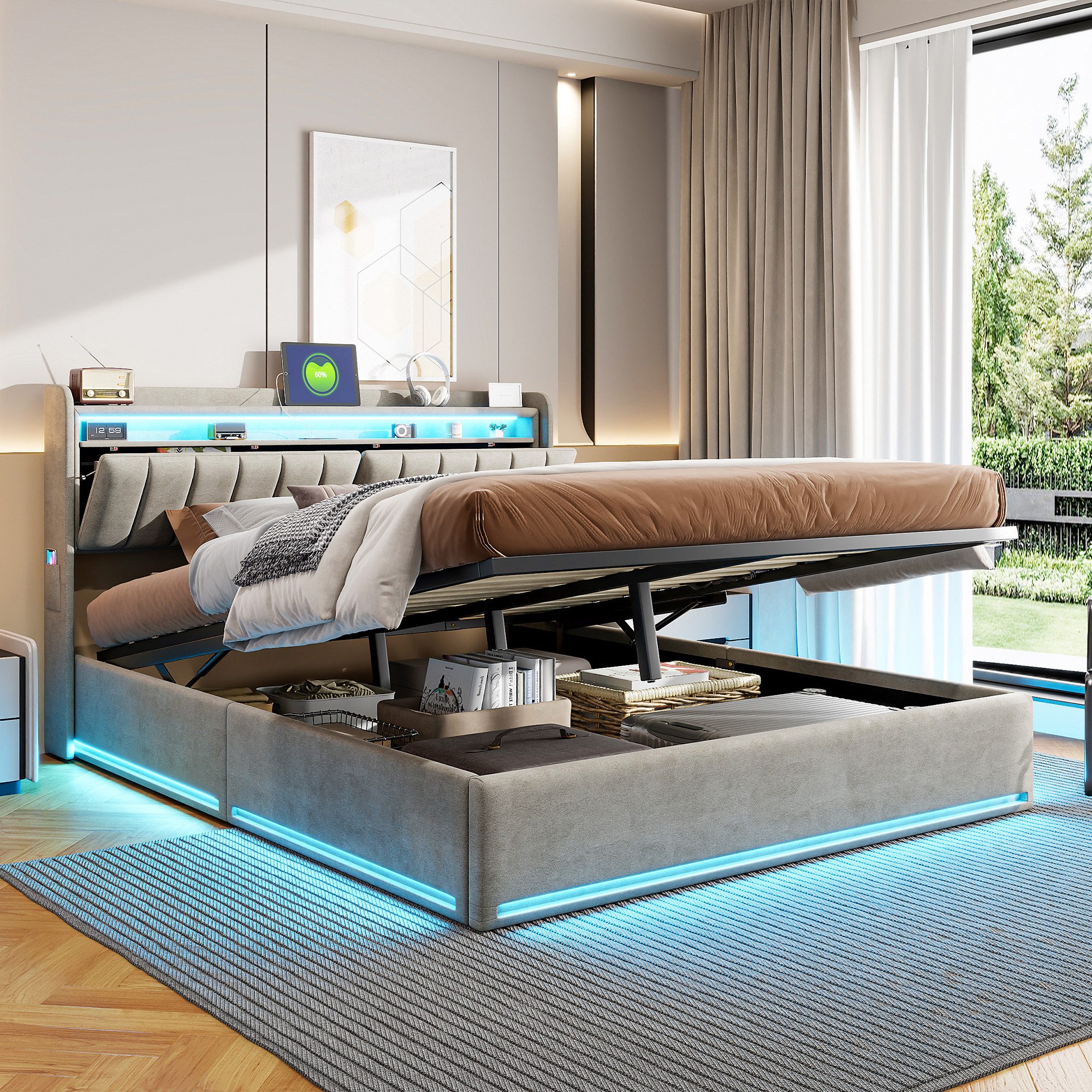 Simurq Polsterbett Boxspringbett 140 x 200,Polsterbett,Hydraulisch Stauraumbett (Bett 140x200,Lattenrost), bettgestell mit LED und USB