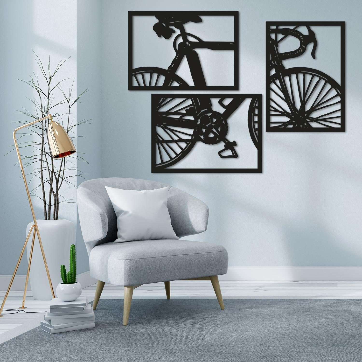 Holz-Wandtattoo Wandbild für Namofactur aus (3-teilig), Wanddekoobjekt Dein Außergewöhnliches Fahrrad Gelb XXL zuhause Holz