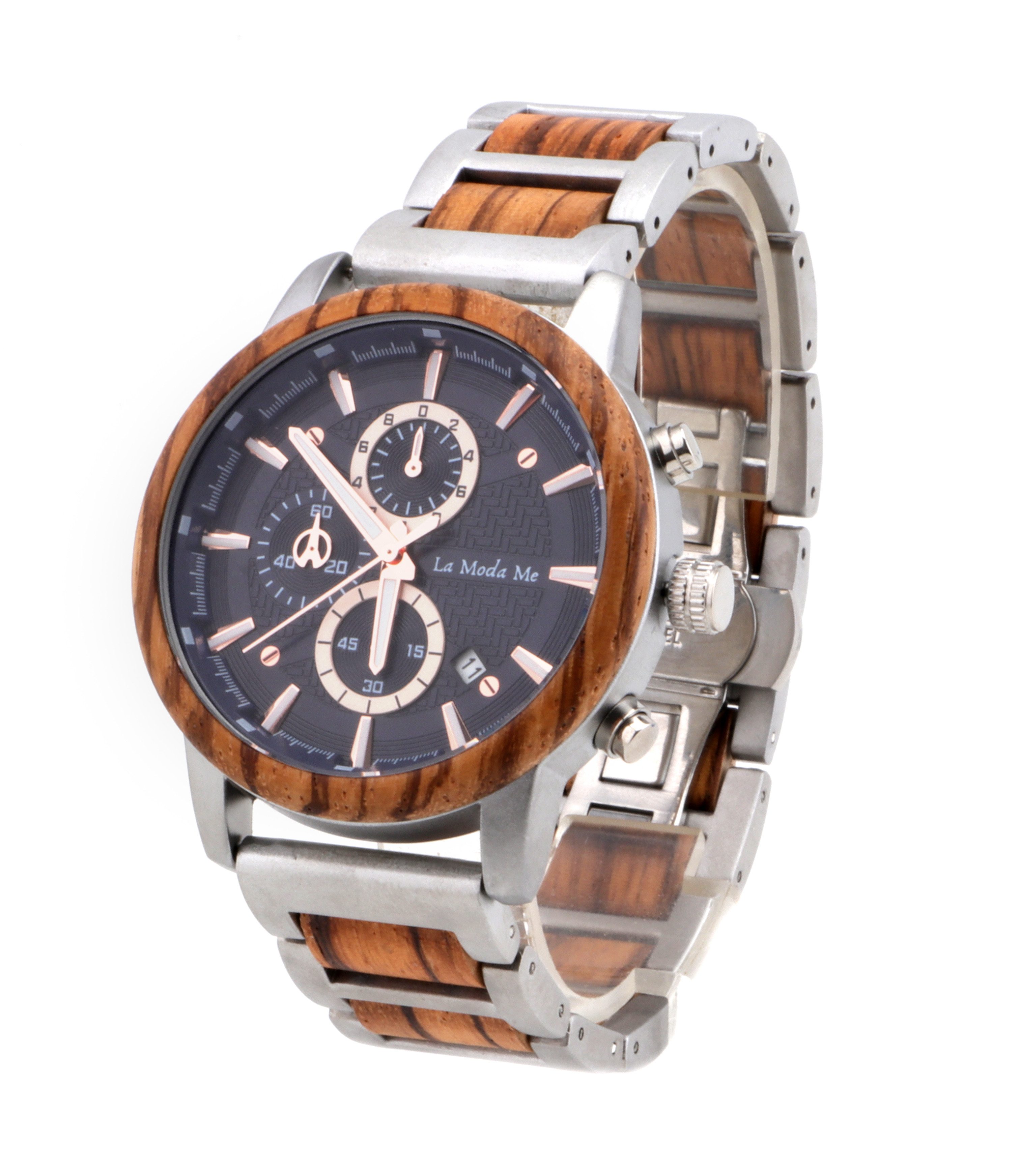 La Moda Me Multifunktionsuhr Timberline, (mit Werkzeug, Aufbewahrungsbox), Zebraholz, Edelstahl; mit Chronograph und Datum, Herrenuhr, nachhaltig