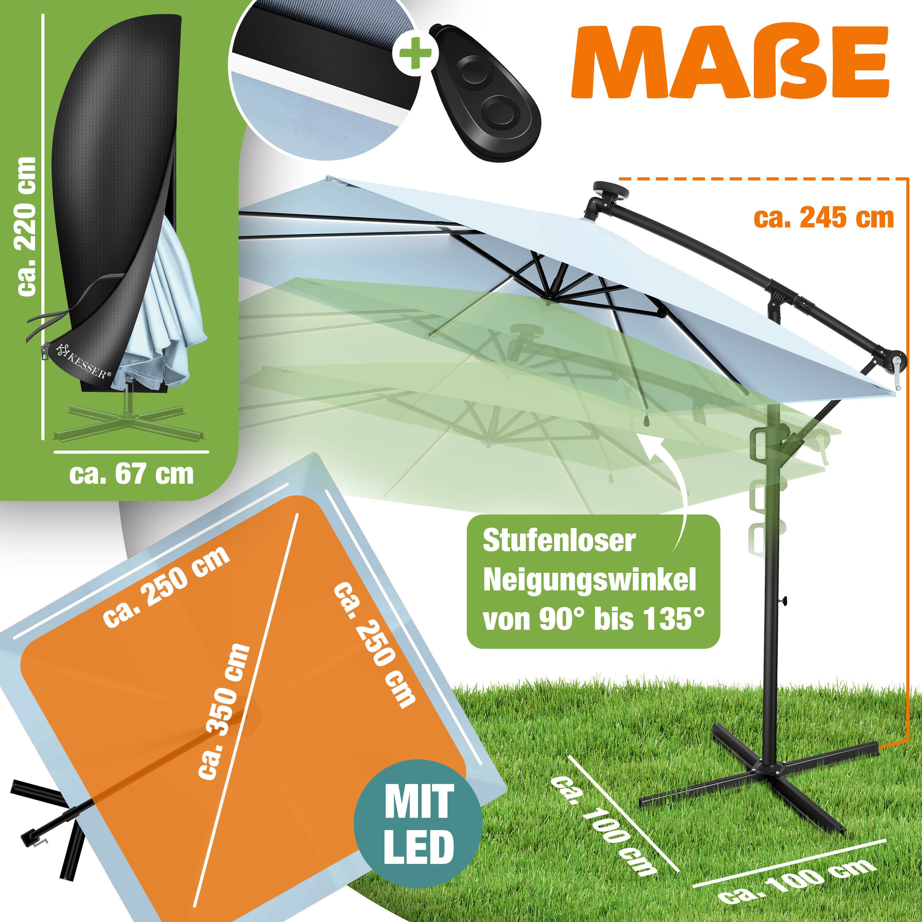 KESSER Ampelschirm, Ø350cm Sonnenschirm inkl. Abdeckung & Wind- & wetterfest