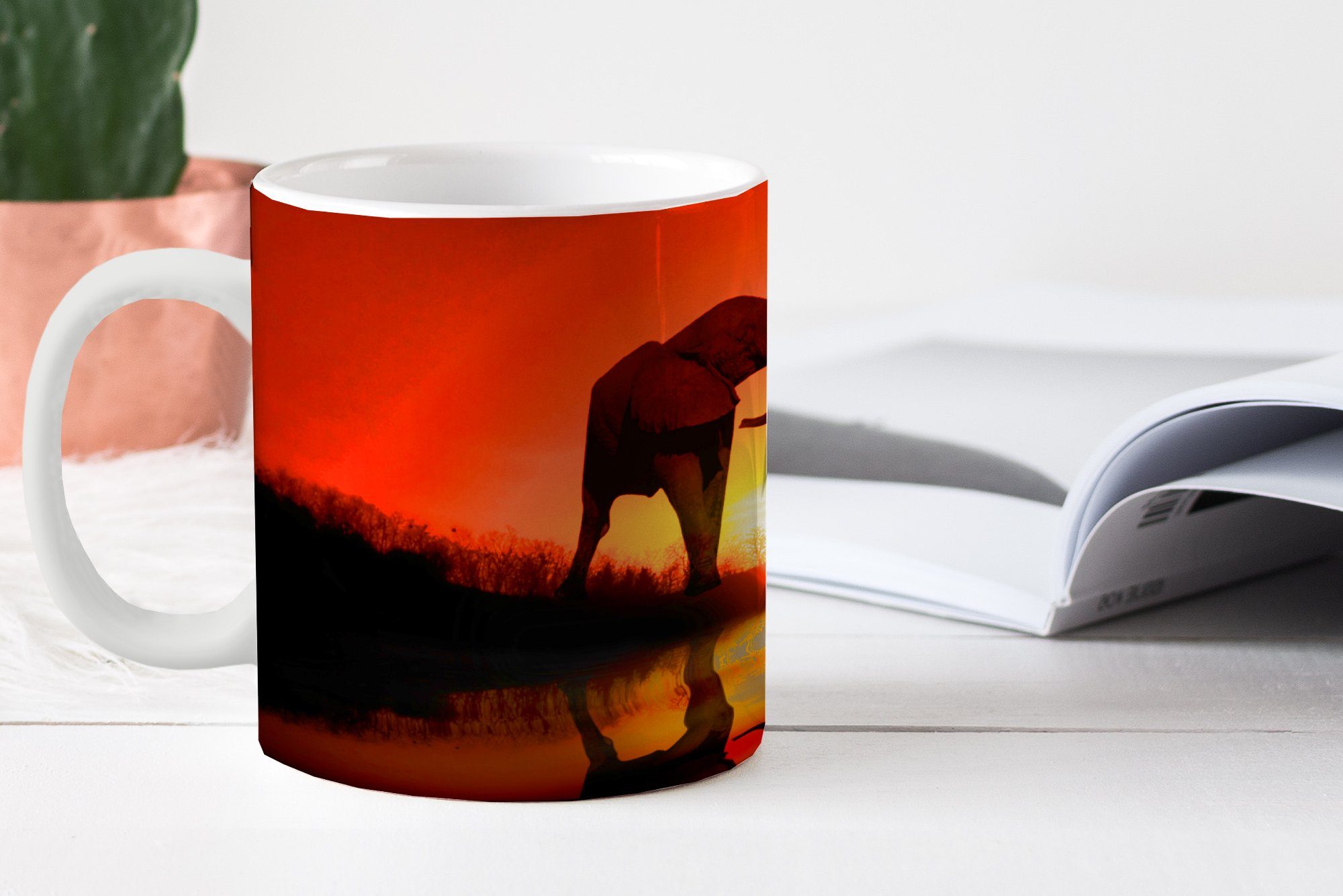 MuchoWow Tasse Sonnenuntergang, bei Teetasse, Geschenk Teetasse, Keramik, Kaffeetassen, Becher, Elefantenpaar