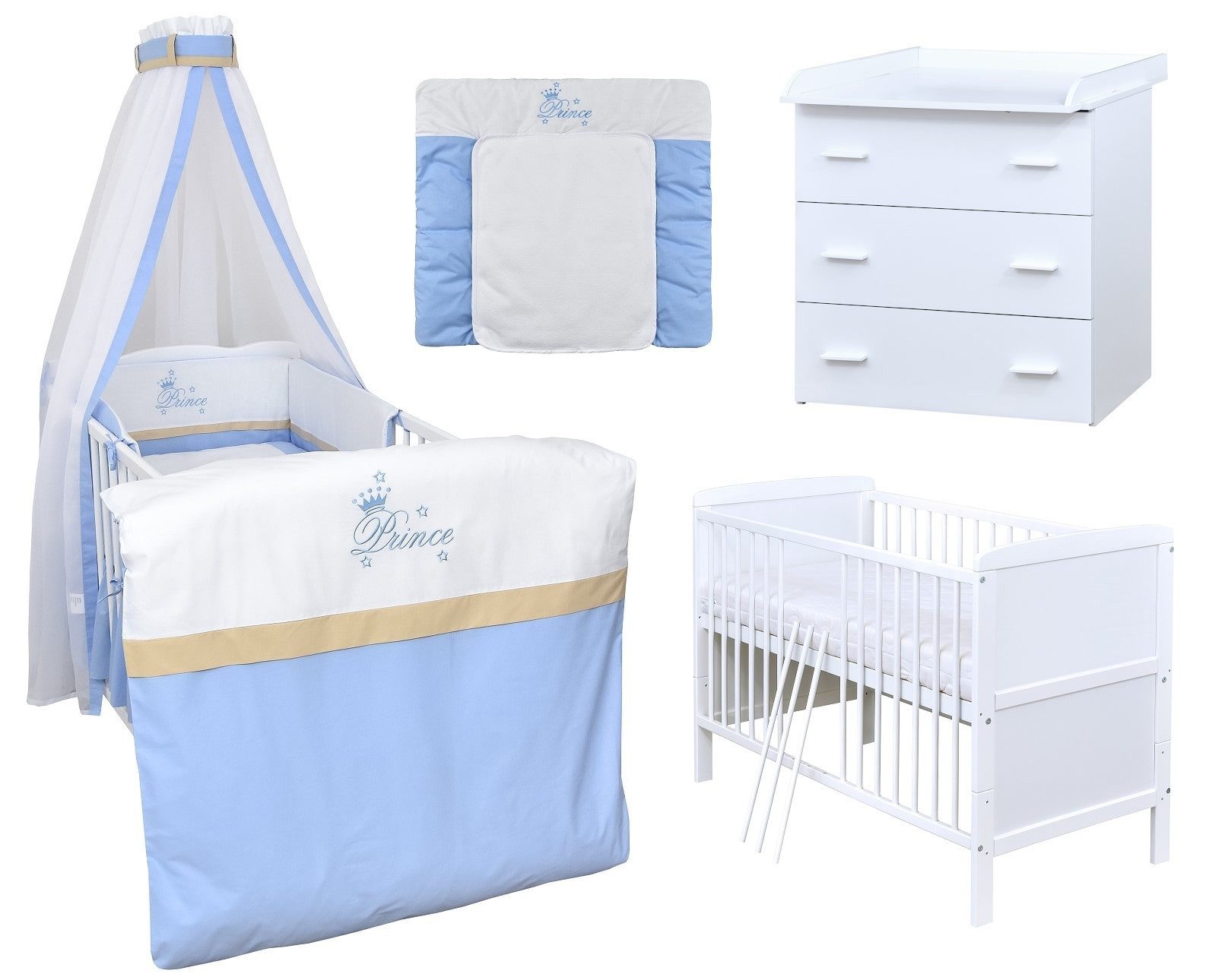 Baby-Delux Babyzimmer-Komplettset Babyzimmer 140x70 weiß Komplettset, (13-tlg), Babybett Wickelkommode Bettwäsche Set Komplettzimmer