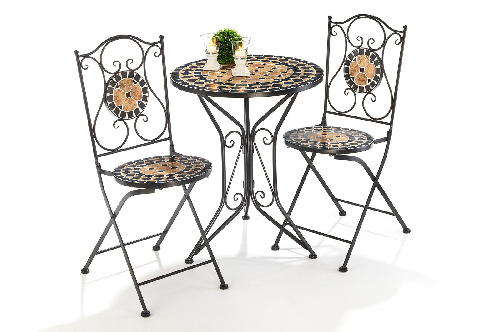 Kobolo Balkonset Sitzgruppe Gartenmöbel Mosaik 1 Tisch 2 Stühle - Metall, (3-tlg)