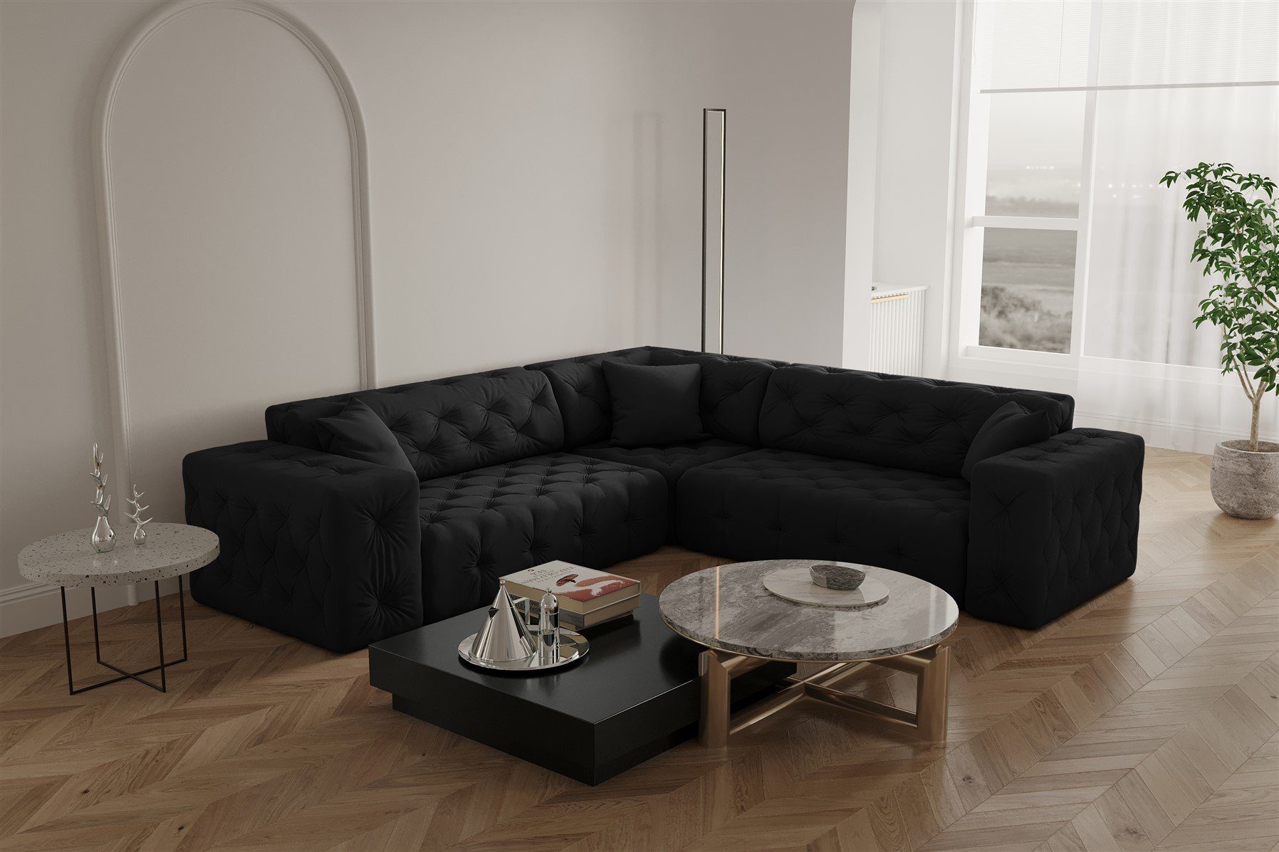 Fun Möbel Ecksofa Ecksofa Designersofa CHANTAL Seite universal in Stoff Opera Velvet Schwarz