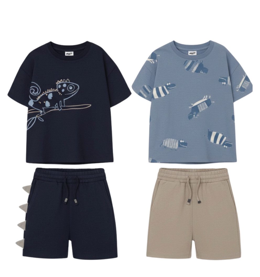 Miloy T-Shirt & Shorts 4er Set T-Shirts & Shorts Chameleon – Baumwolle, Gr. 98-116 (T-Shirt- und Shorts-Set, 4-tlg) 3D-Zacken-Applikation, Kordelzug an den Shorts
