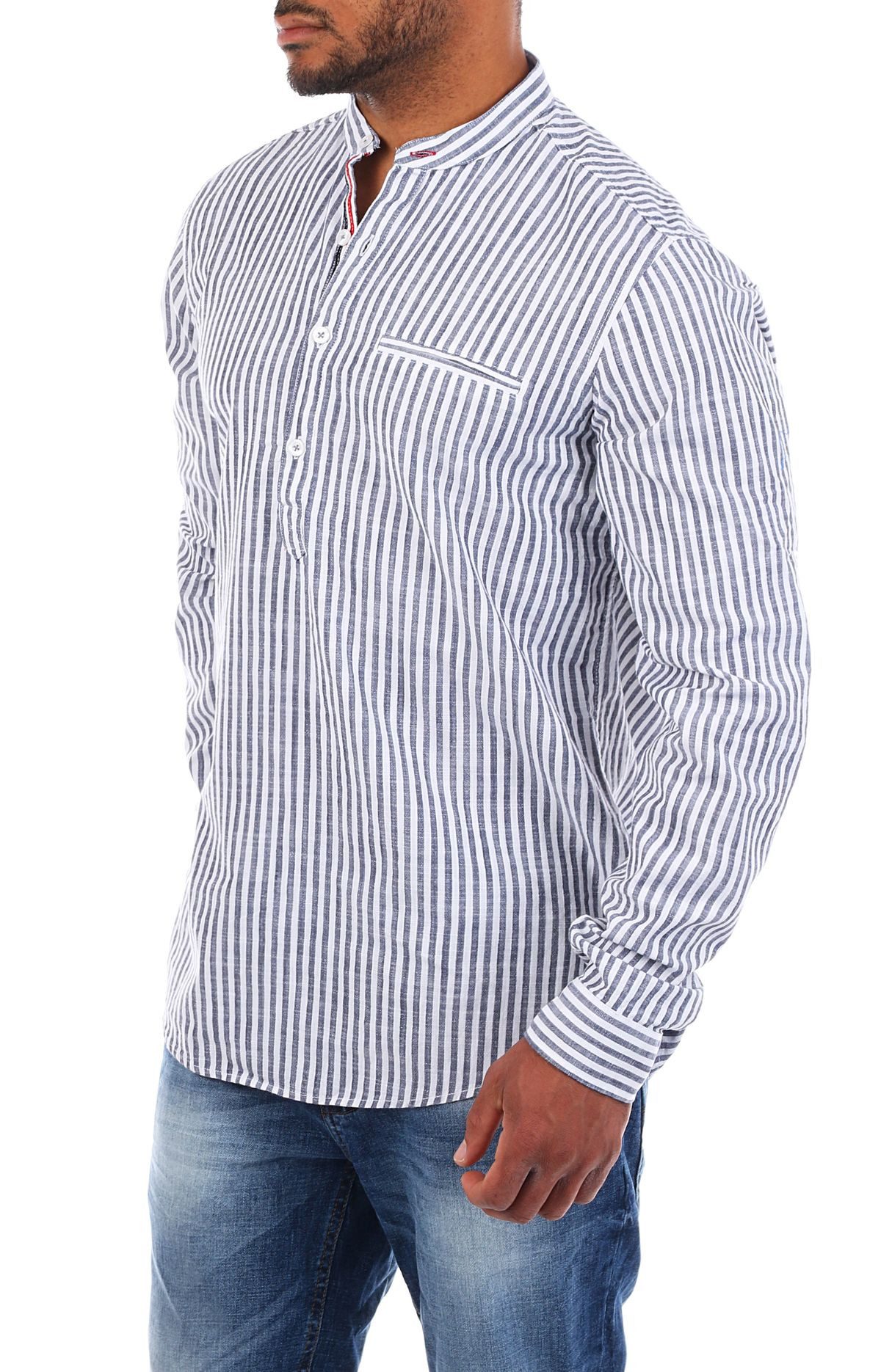 CARISMA Langarmhemd Herren Baumwoll Leinen Mix Tunika Hemd 8454 Regular Langarm Stehkragen Gestreift – Bild 3 von 3