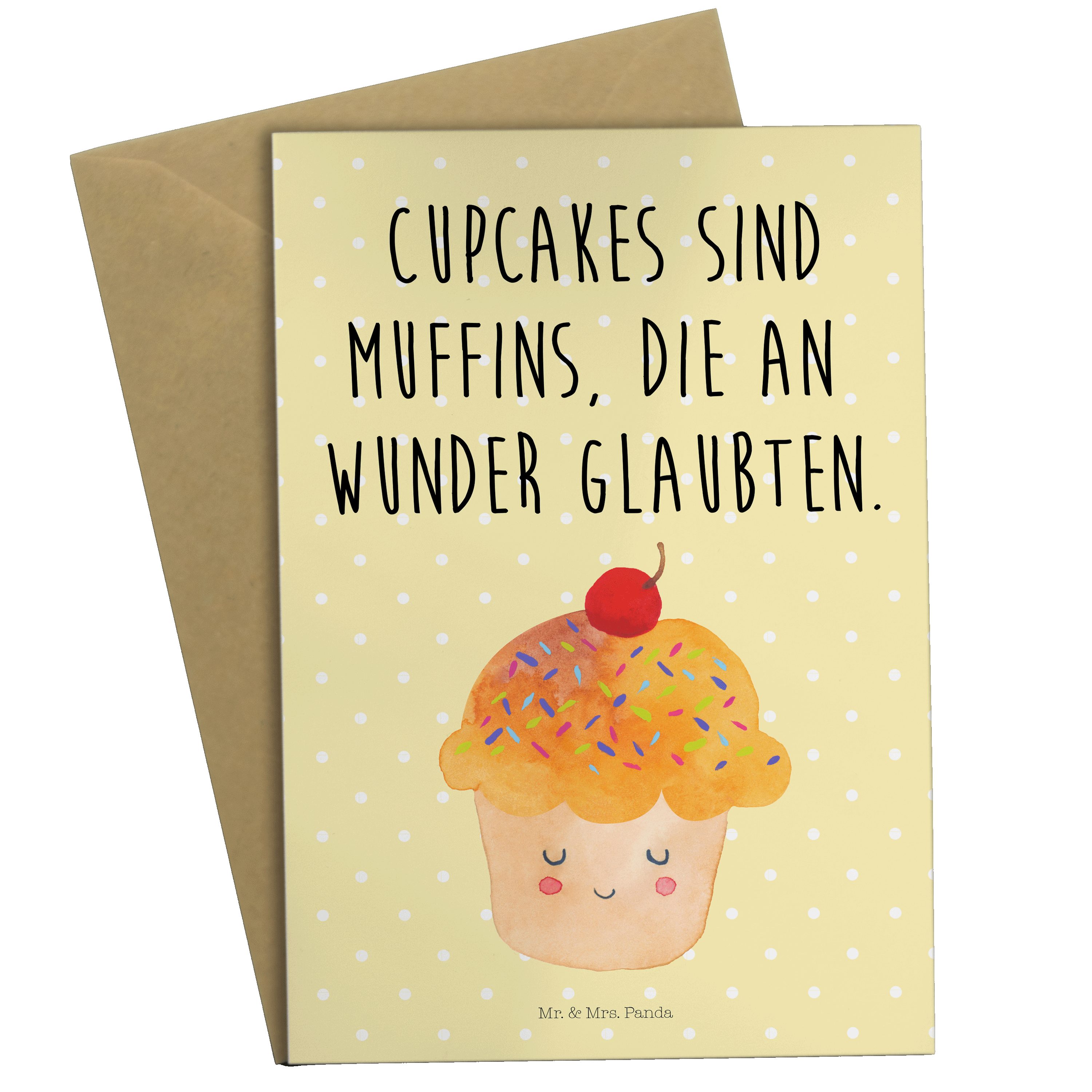 Mr. & Mrs. Panda Grußkarte Gelb Cupcake Pastell Geschenk, - Hochzeitskarte, Glückwunschkarte 