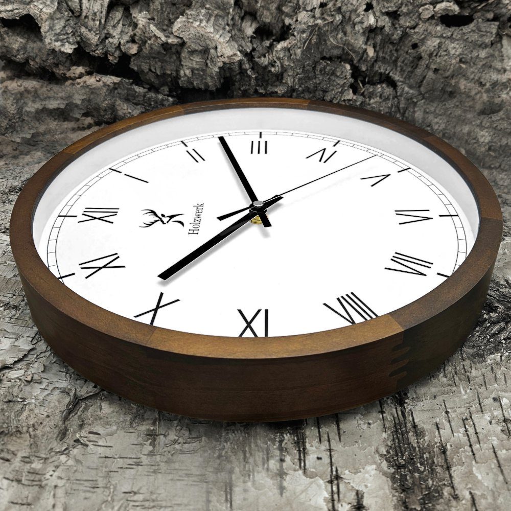 Holzwerk Wanduhr EISENBERG Designer Holz 30 cm) (lautlos Wand weiß braun, Uhr, Tickgeräusche, ohne