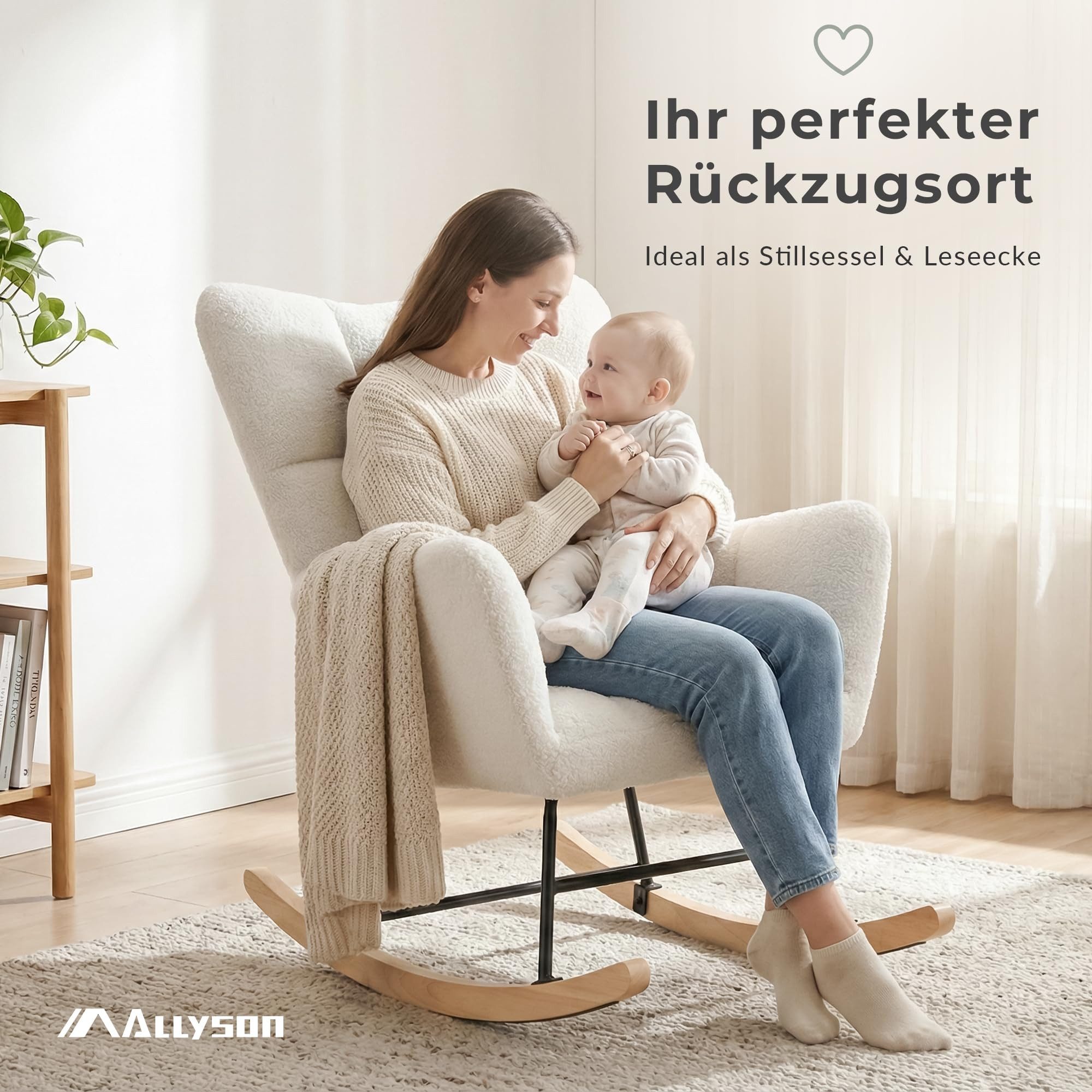 Allyson Schaukelstuhl Schaukelstuhl Teddy Plüsch – Lounge-Sessel mit hoher Rückenlehne, Ergonomische Rückenlehne, sanfte Schaukelfunktion, 150kg.