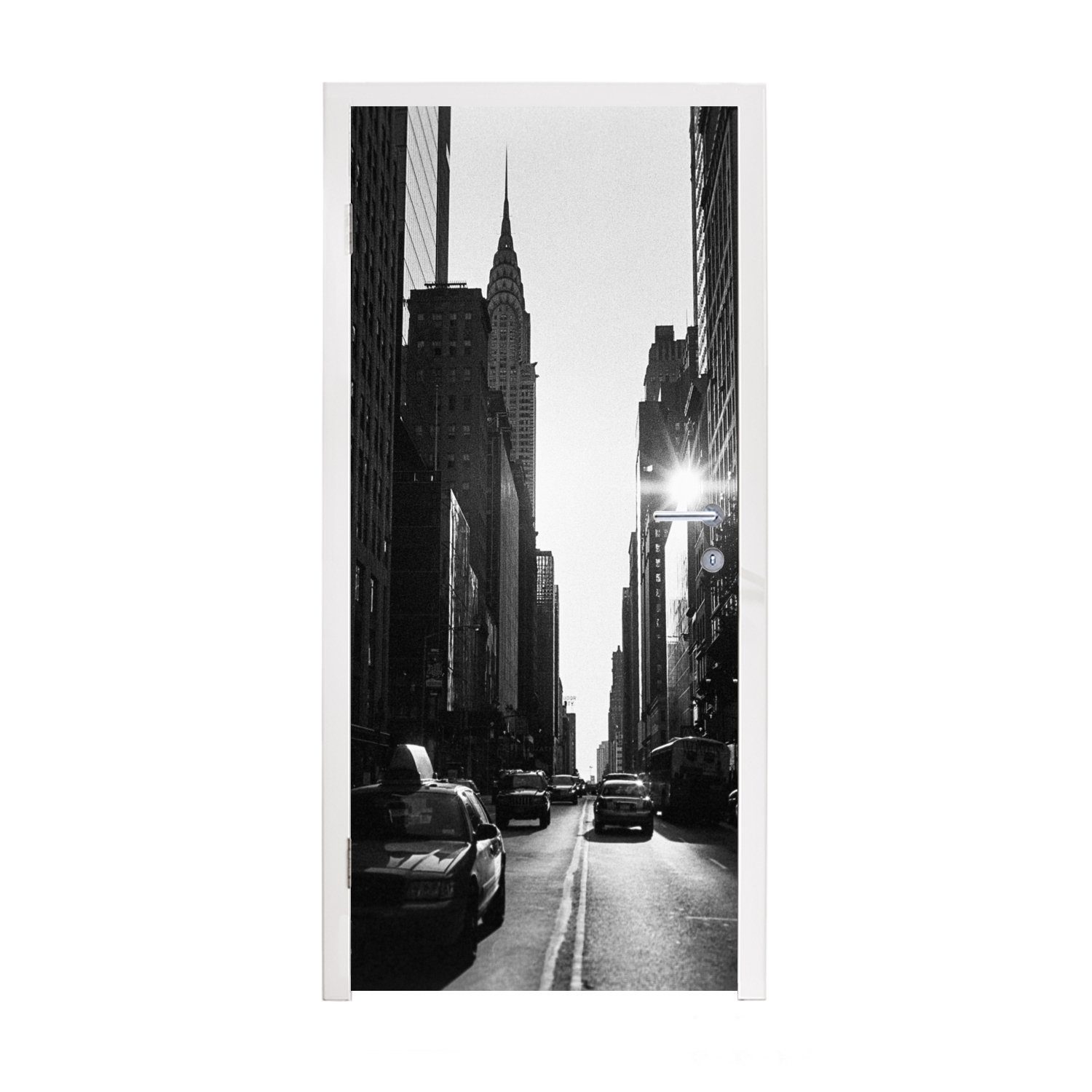 MuchoWow Türtapete Eine ruhige Straße in New York in Schwarz und Weiß, Matt, bedruckt, (1 St), Fototapete für Tür, Türaufkleber, 75x205 cm