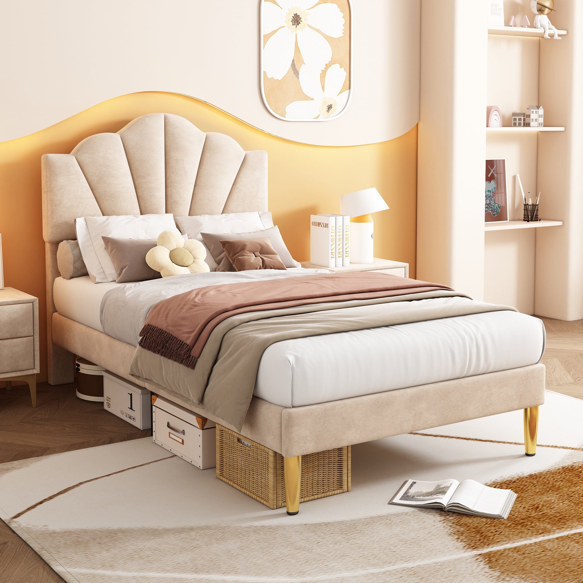 REDOM Polsterbett muschelartiges Bett (90 X 200 CM Ohne Matratze), Höhenverstellbares Kopfteil, Bett mit goldenen Eisenbeinen