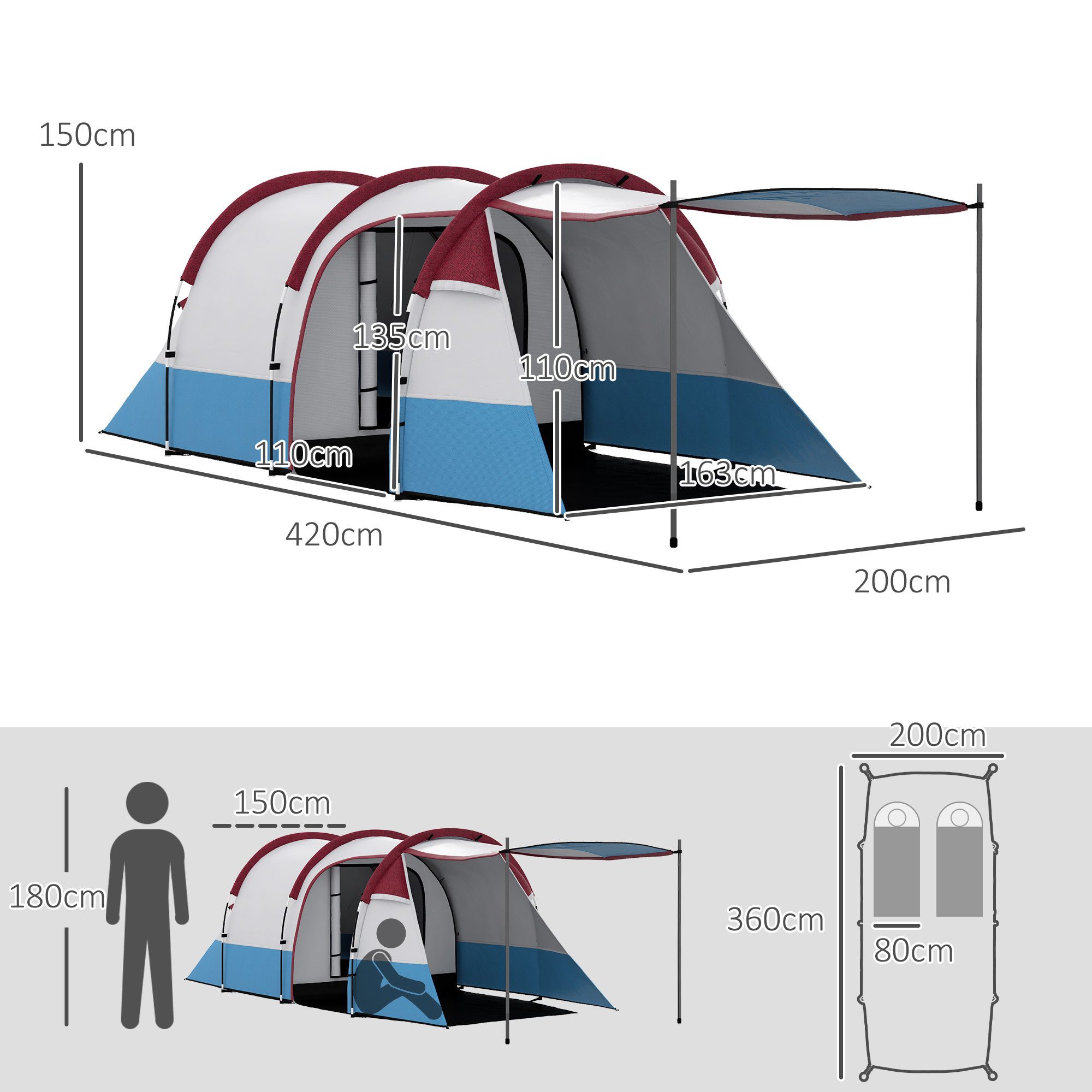 Outsunny Tunnelzelt Campingzelt, Personen: 3 (mit Lichthaken, Vorzelt, 2 Räumen, 1 tlg., Winddicht Familienzelt mit Tragetasche), 2000mm Wasserabweisend Zelt für Camping