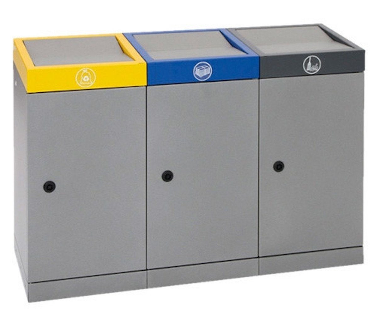 Mülltrennsystem Abfallsammler Doppel-Schwingdeckel 3x70L HxB 85x121cm Gelb/Blau/Grau