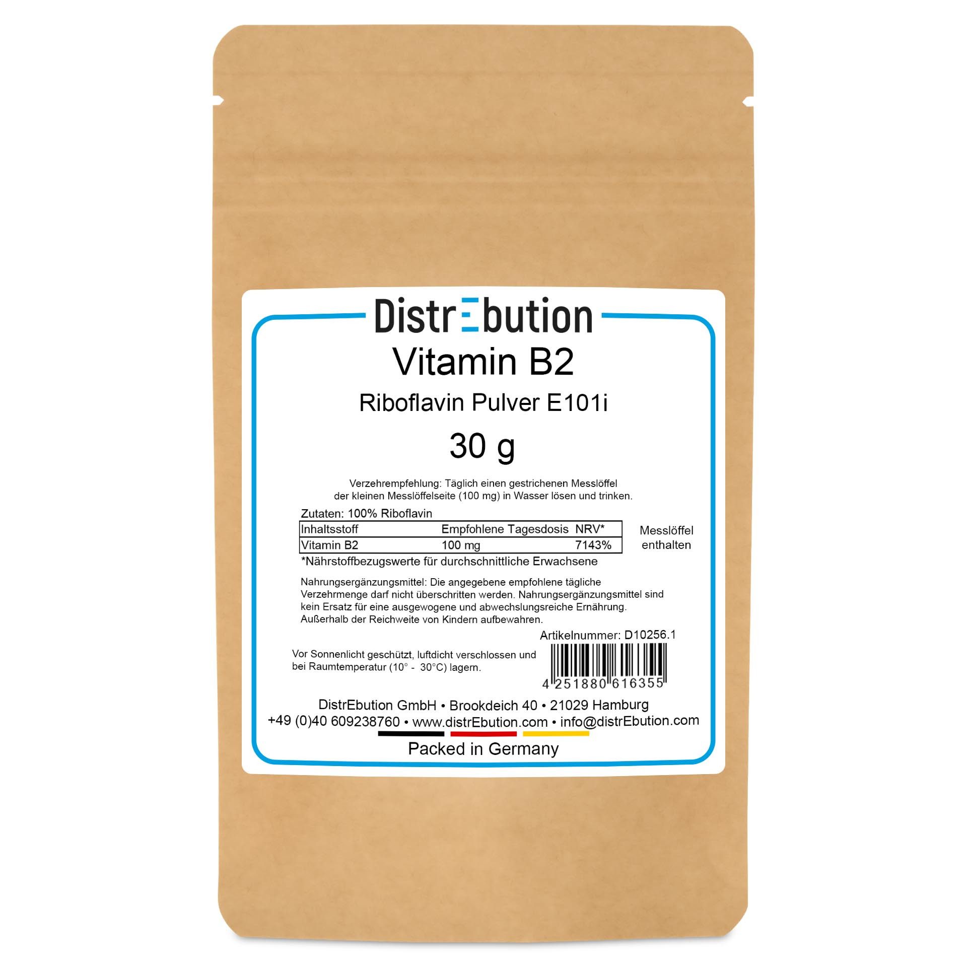DistrEbution Vitamin B2 - Riboflavin Pulver 30g-25kg Nahrungsergänzungsmittel Pulver, 30 g, Reines Vitamin B2