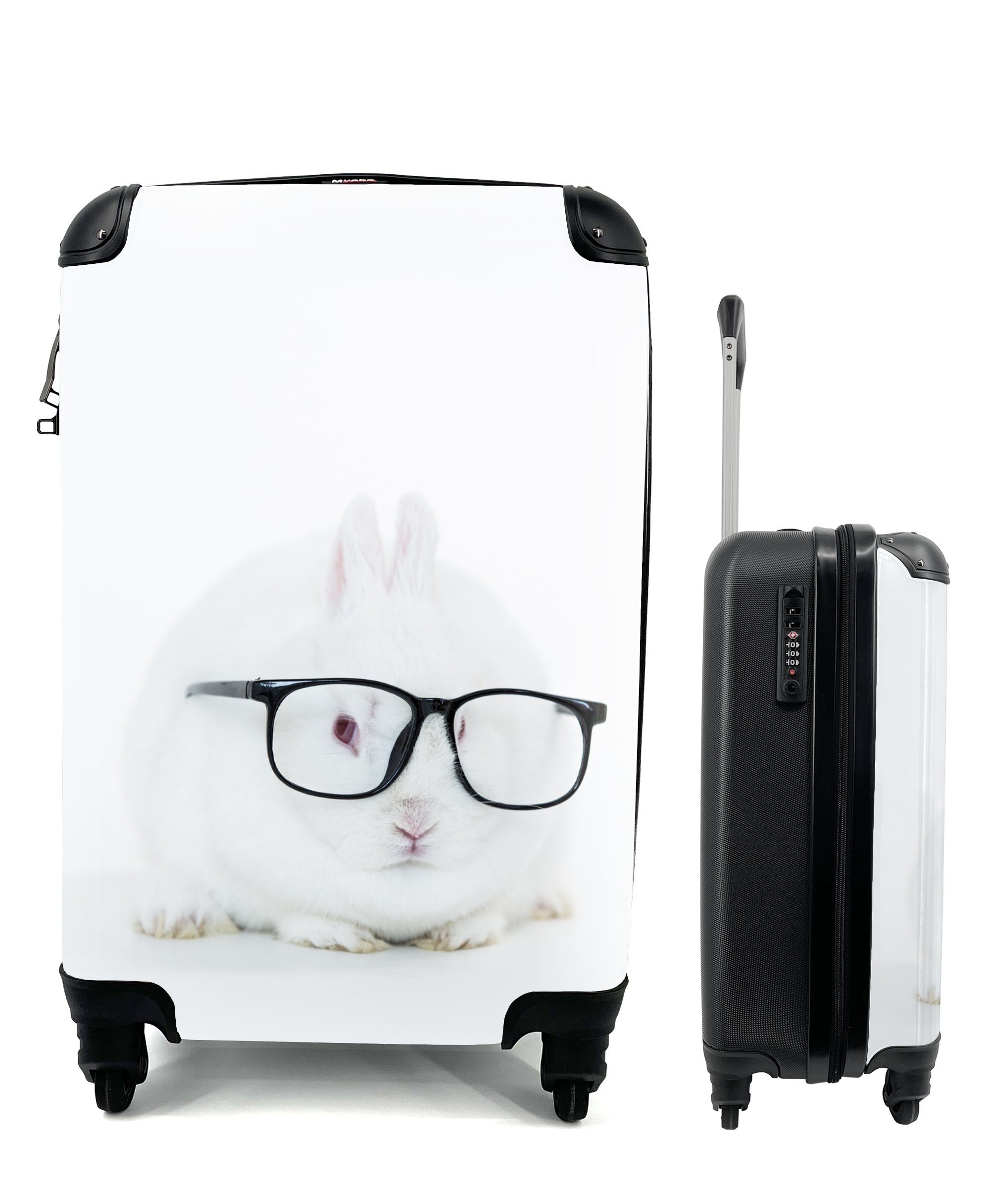 MuchoWow Handgepäckkoffer Kaninchen - Brille - Hipster, 4 Rollen, Reisetasche mit rollen, Handgepäck für Ferien, Trolley, Reisekoffer