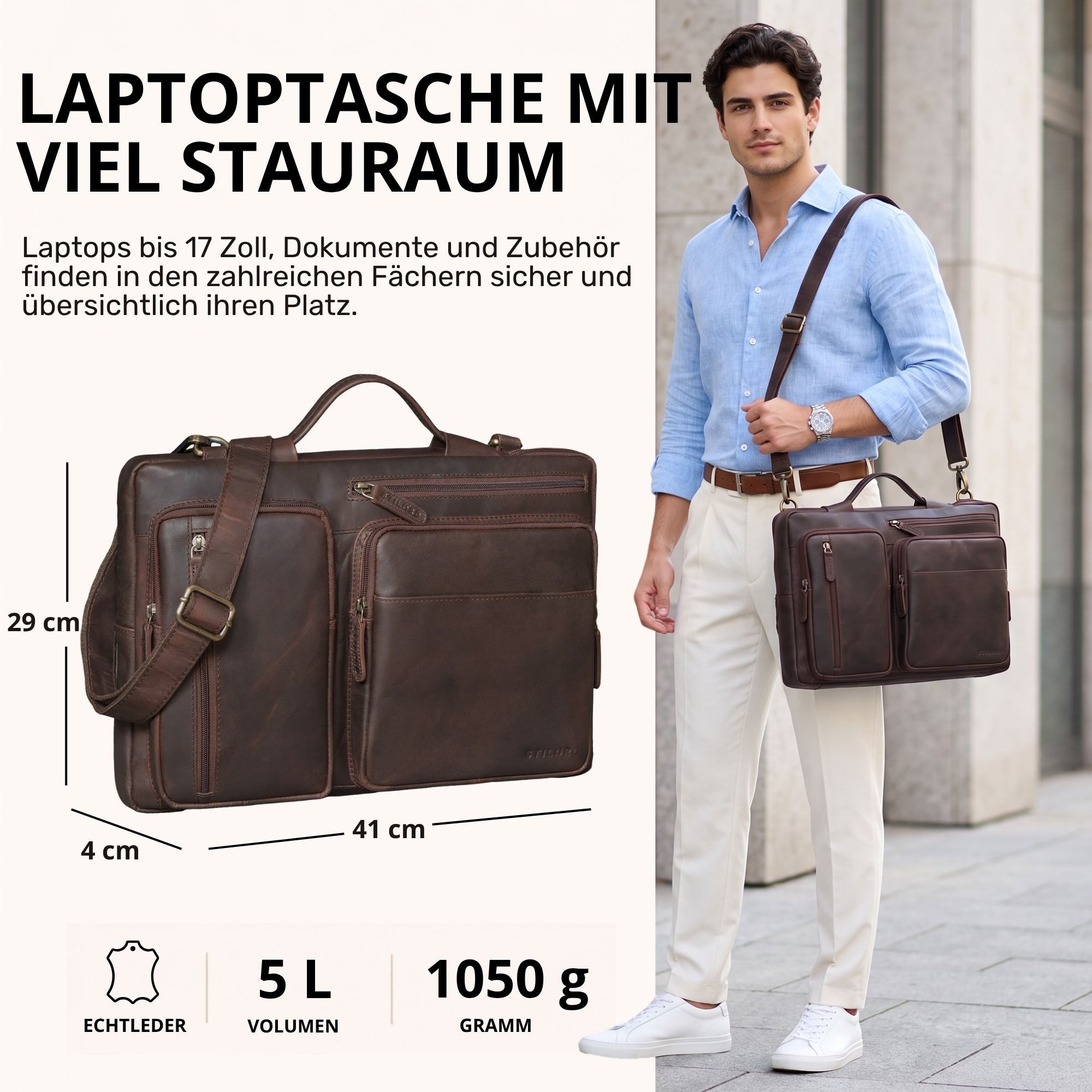STILORD Laptoptasche "Torsten" Laptoptasche Herren Leder Sleeve 15,6-17 Zoll