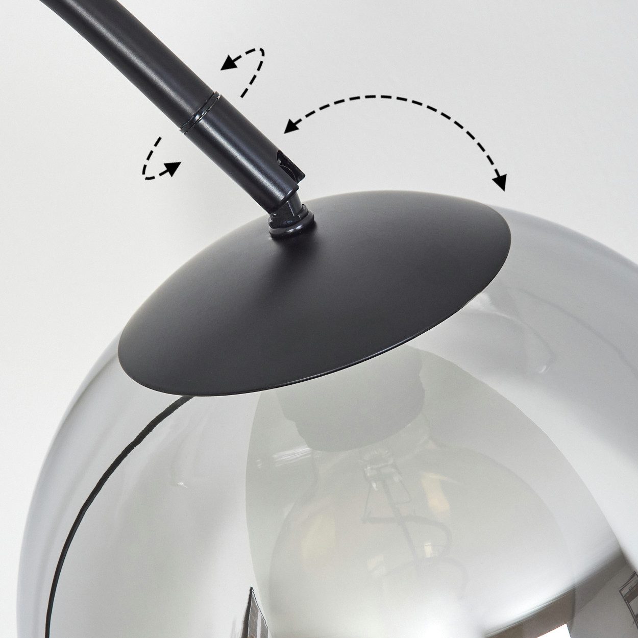 hofstein Bogenlampe Stehlampe aus Metall/Glas in Schwarz/Chrom/Rauch/Klar, ohne Leuchtmittel, Industrial-Design Leuchte m. Glasschirm (25cm) u. Fußschalter, 1xE27
