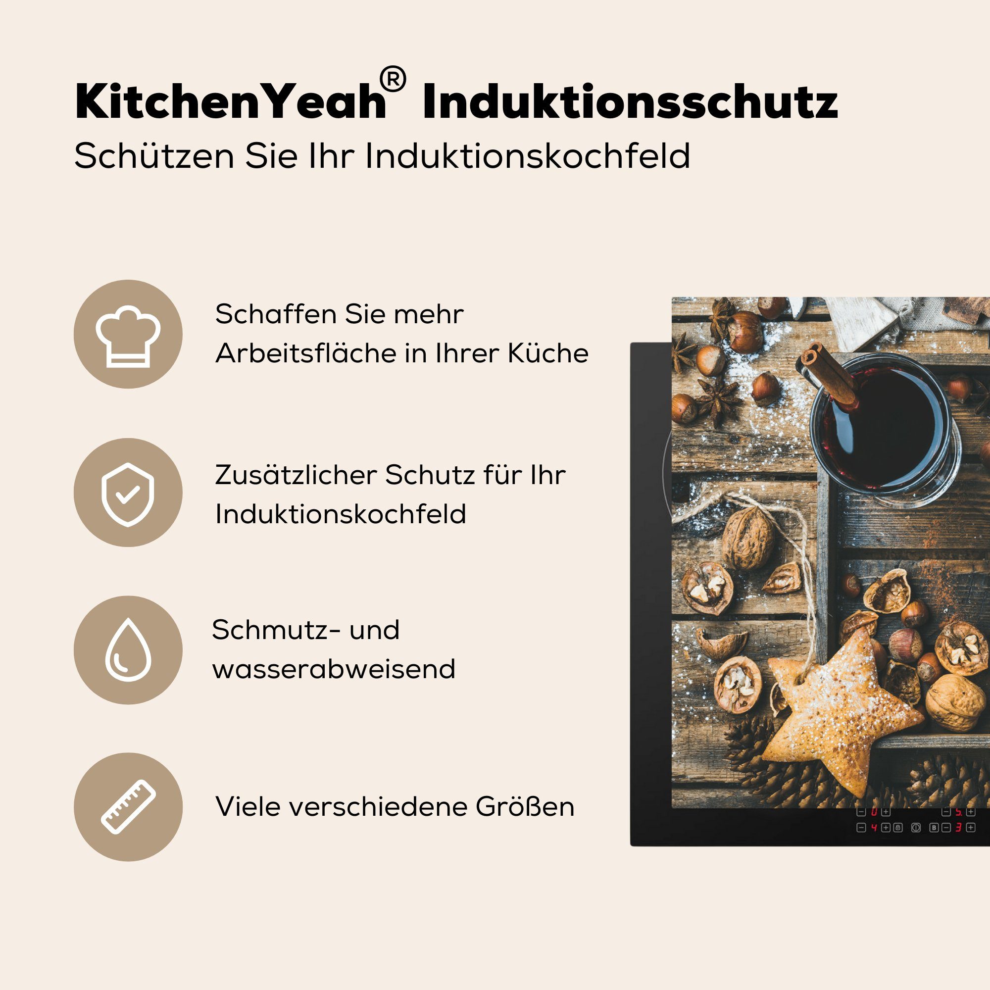 Induktionsschutz - Arbeitsplatte - Herdblende-/Abdeckplatte Herbst Zimt - (1 Vinyl, tlg), Ceranfeldabdeckung, Kekse, küche 83x51 für cm, MuchoWow