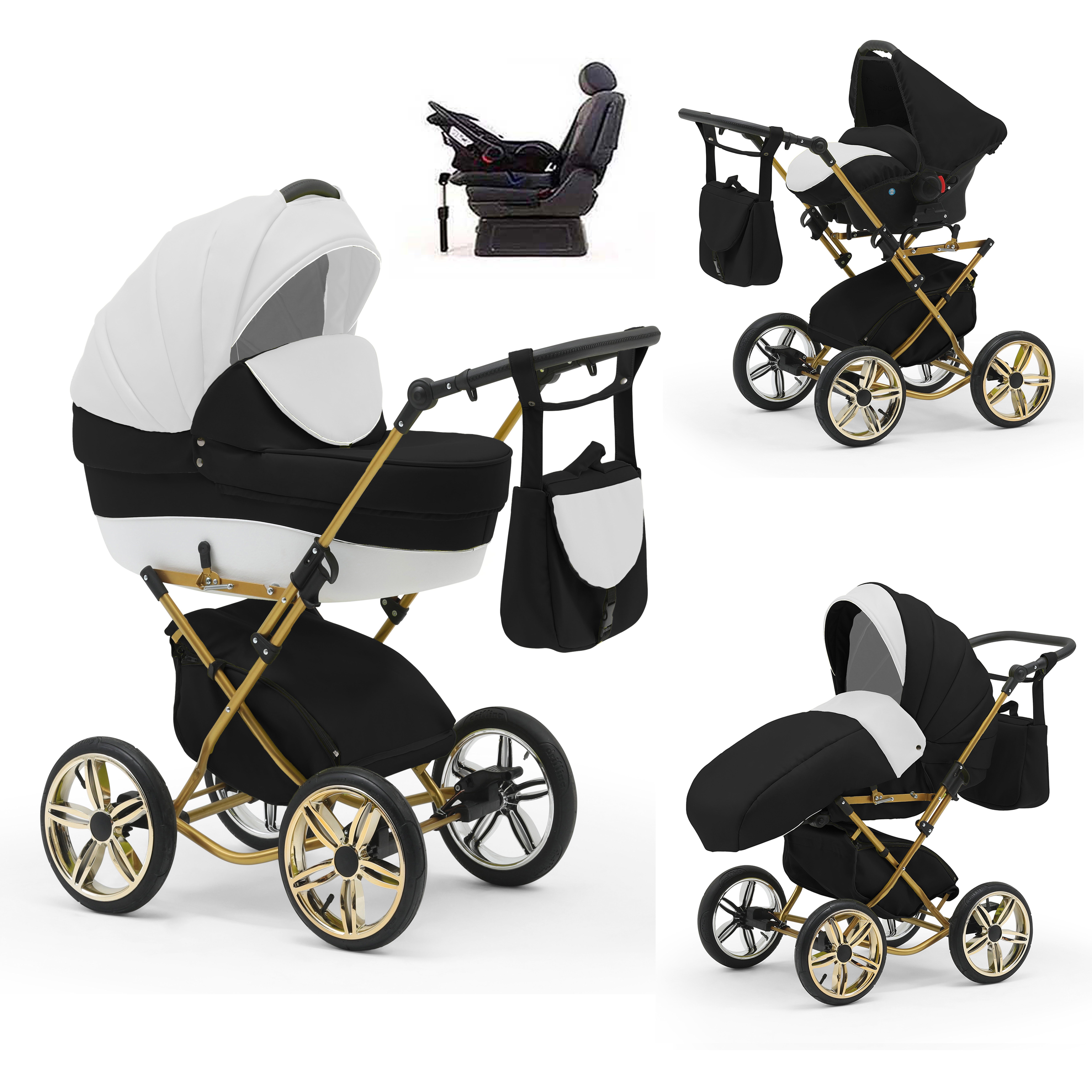 babies-on-wheels Kombi-Kinderwagen Sorento 4 in 1 inkl. Autositz und Iso Base - 14 Teile - in 10 Designs Weiß-Schwarz-Weiß
