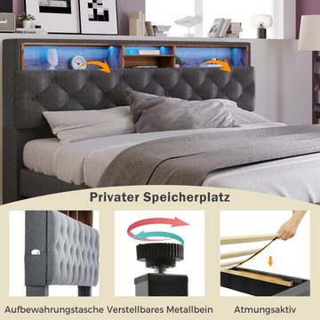 Fangqi Polsterbett 140*200CM gepolstertes Doppelbett mit LED-Beleuchtung und Stauraum (Home Polsterbett, Doppelbett aus Massivholz, passend für jeden Dekorationsstil, Jugendbett mit LED-Beleuchtung, Gästebett), Kopfteil mit LED-Beleuchtung und Stauraum