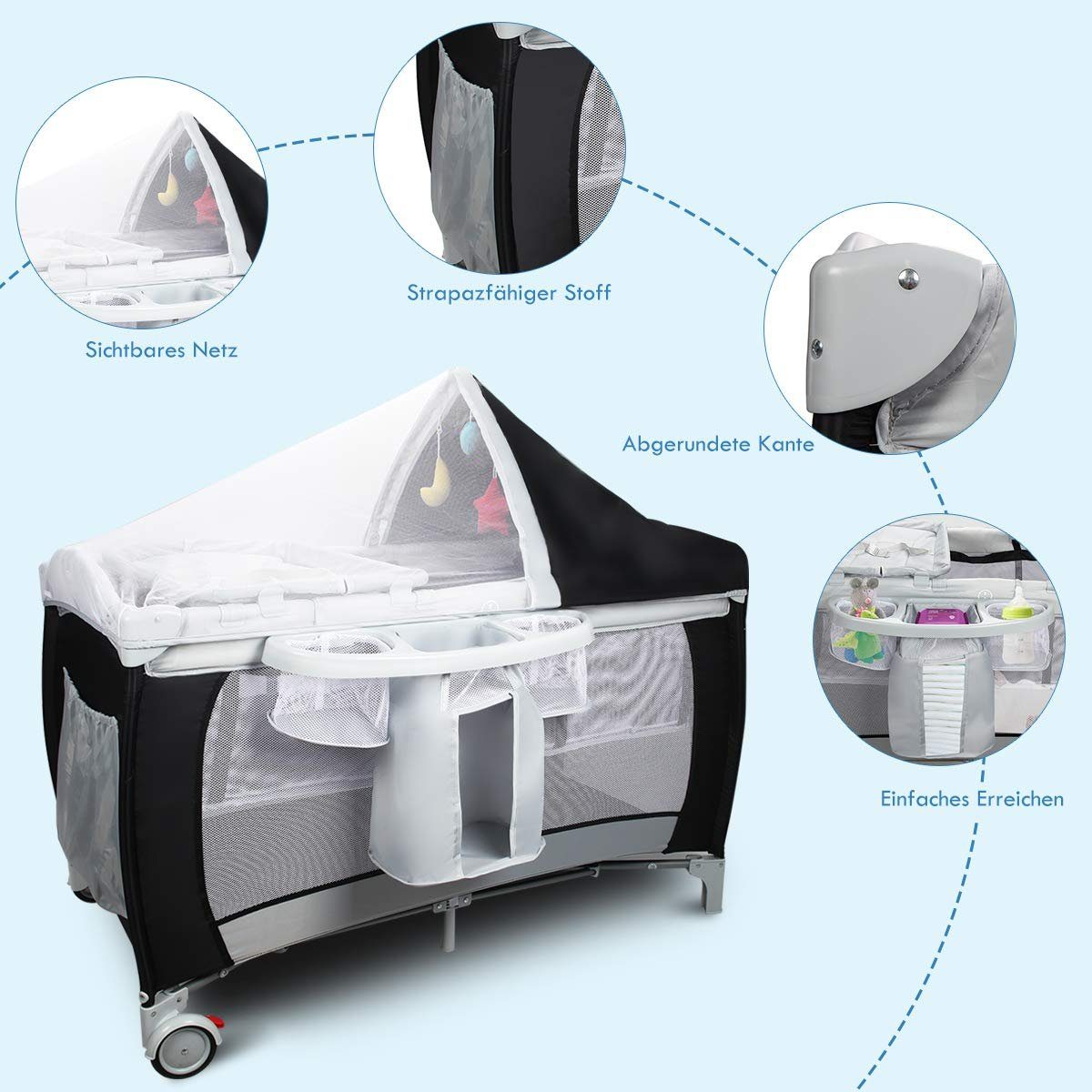 COSTWAY Baby-Reisebett 4 in 1 Kinderbett, klappbar, mit Matratze & 2 Rollen