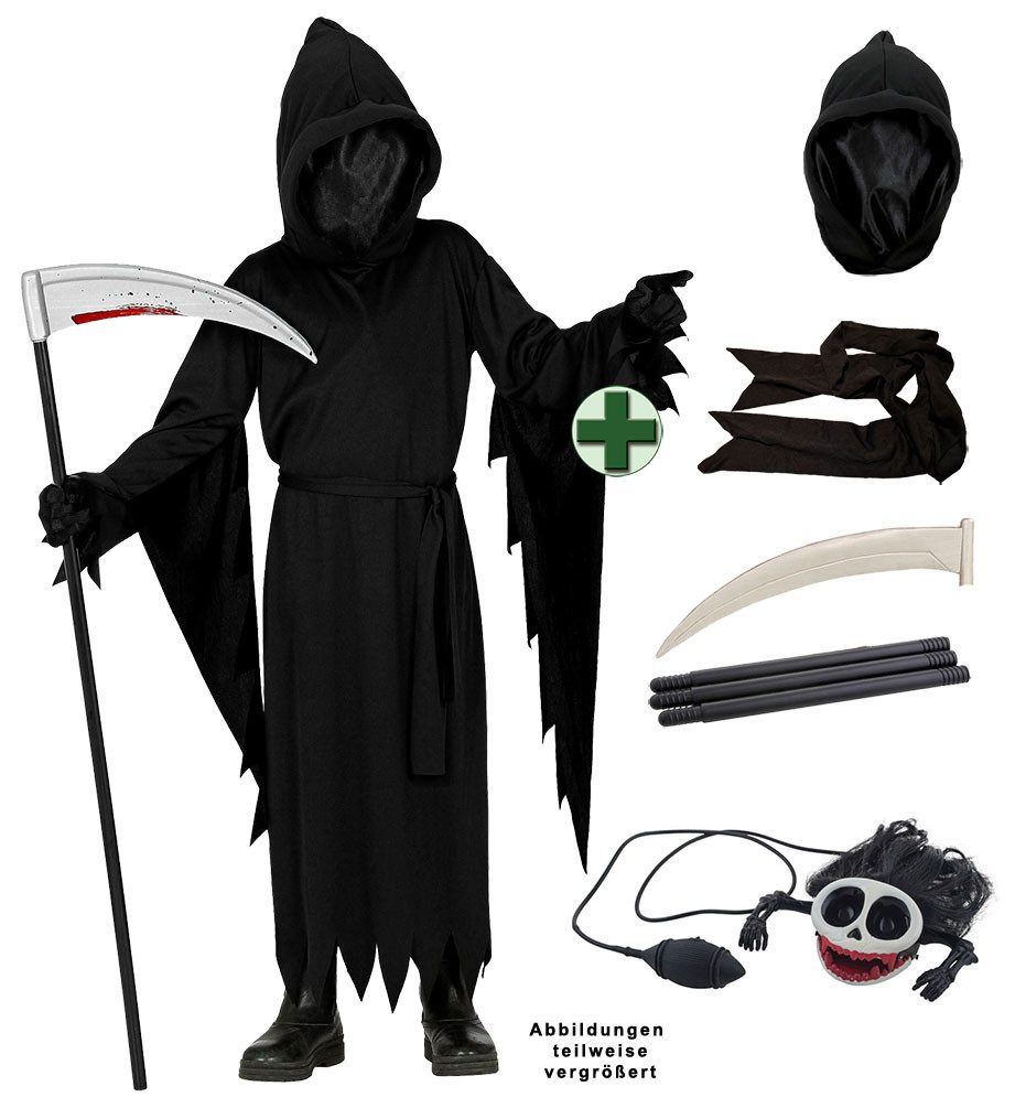 Karneval-Klamotten Kostüm Horror Kinder gruselig schaurig Halloweenkostüm, Halloween Kapuzenumhang schwarz mit unsichtbarer Maske Sense u Monster