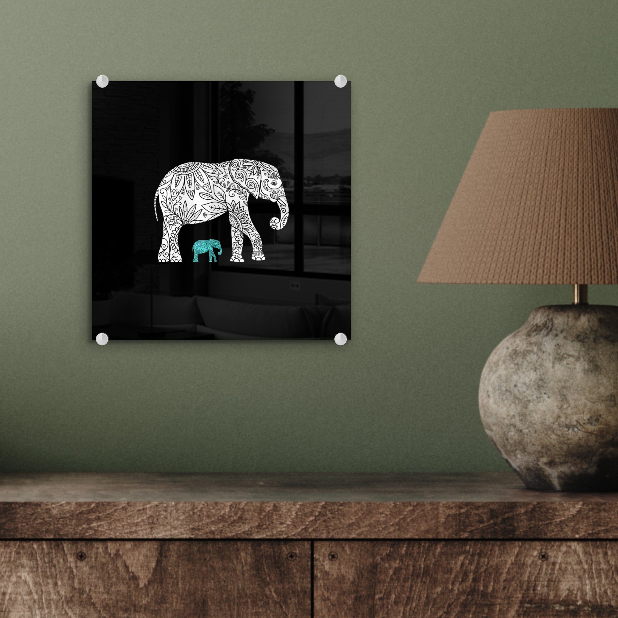 Wandbild - Muster - Elefant auf Blau St), Bilder - Foto Weiß, - - auf Glas - (1 Wanddekoration Acrylglasbild Glasbilder MuchoWow Glas