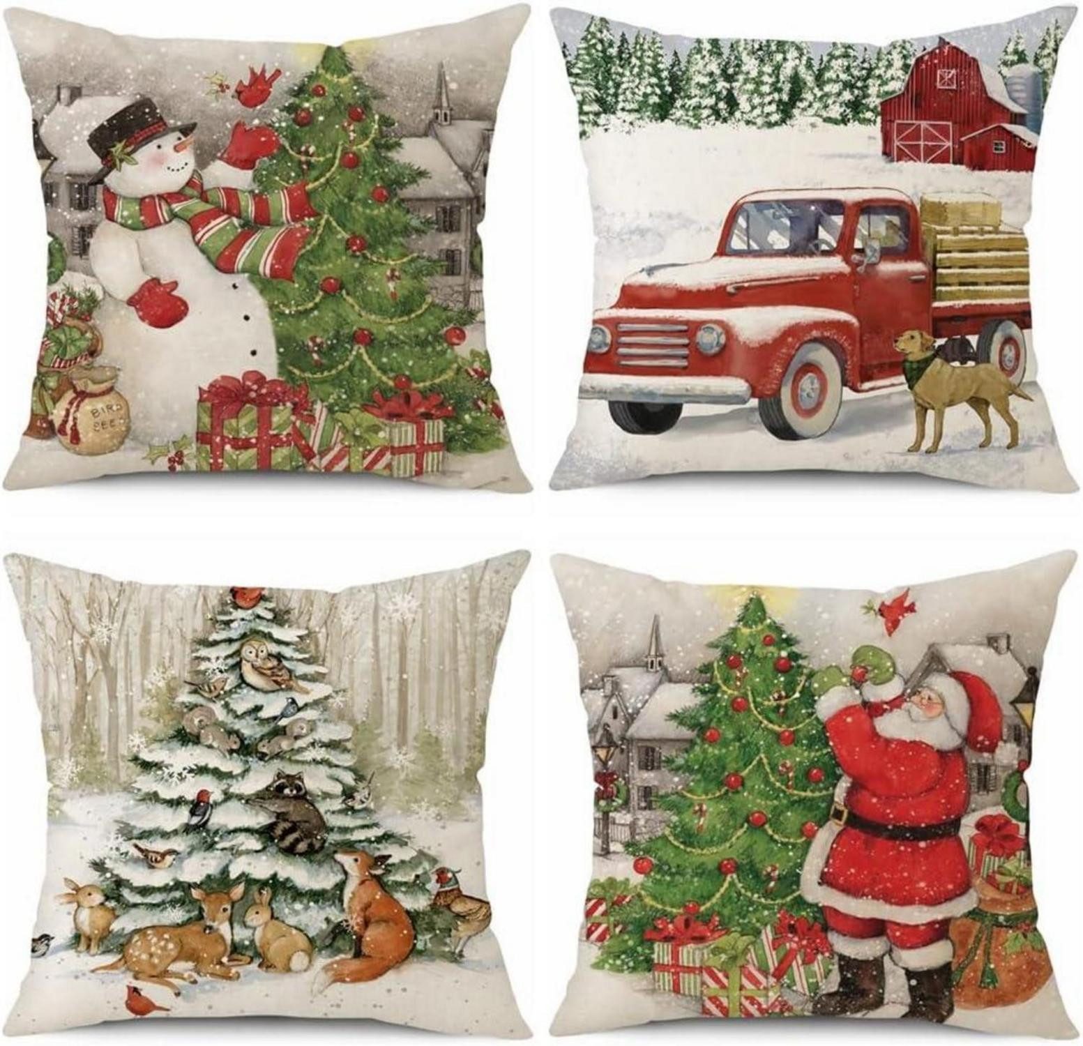 Baumbehang 4er Set Weihnachten Kissenbezüge Leinen Dekorative Zierkissenbezüge