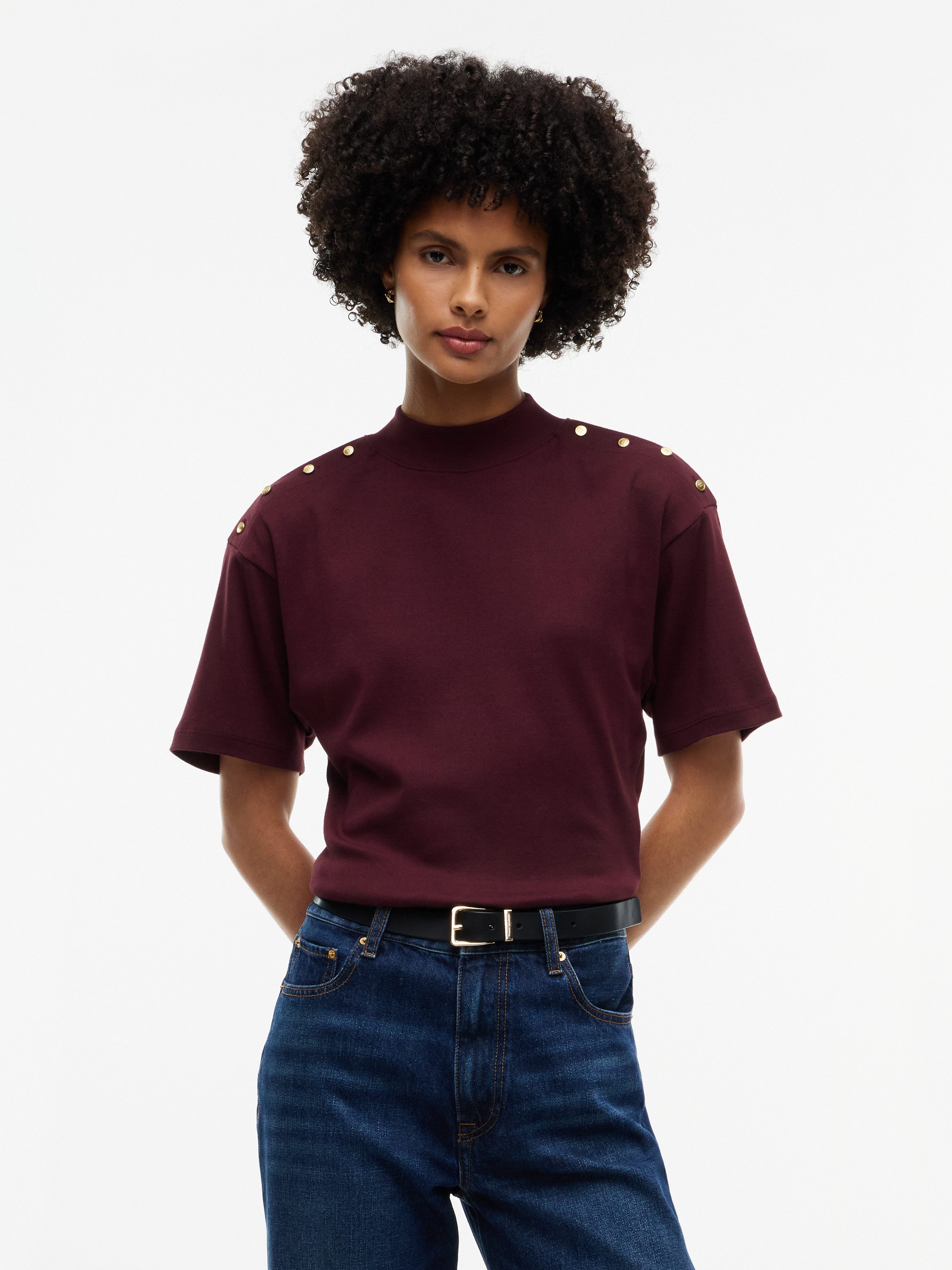 Tommy Hilfiger T-Shirt GOLD BUTTON HIGH-NK S/S TEE Baumwolle