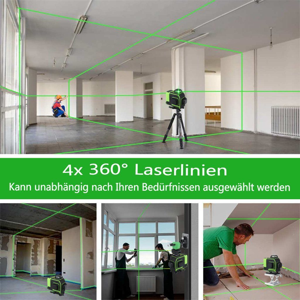360° Laserwasserwaage, Kreuzlinienlaser 4D Grün Linien Fasget 16 Licht