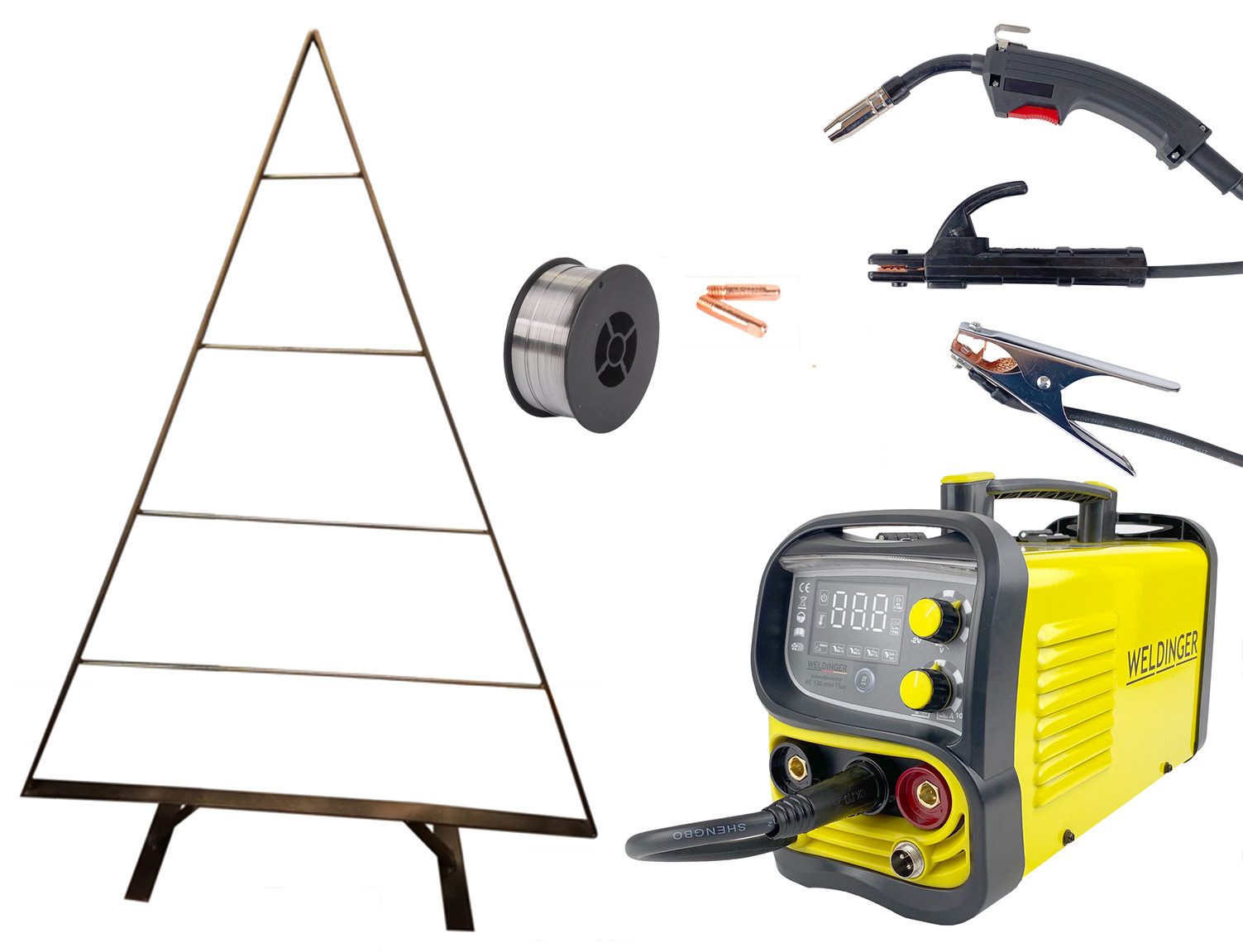 WELDINGER Fülldrahtschweißgerät Fülldrahtschweißgerät ME 130 mini FLUX + Bausatz Weihnachtsbaum, hohe Einschaltdauer, einfache Bedienung
