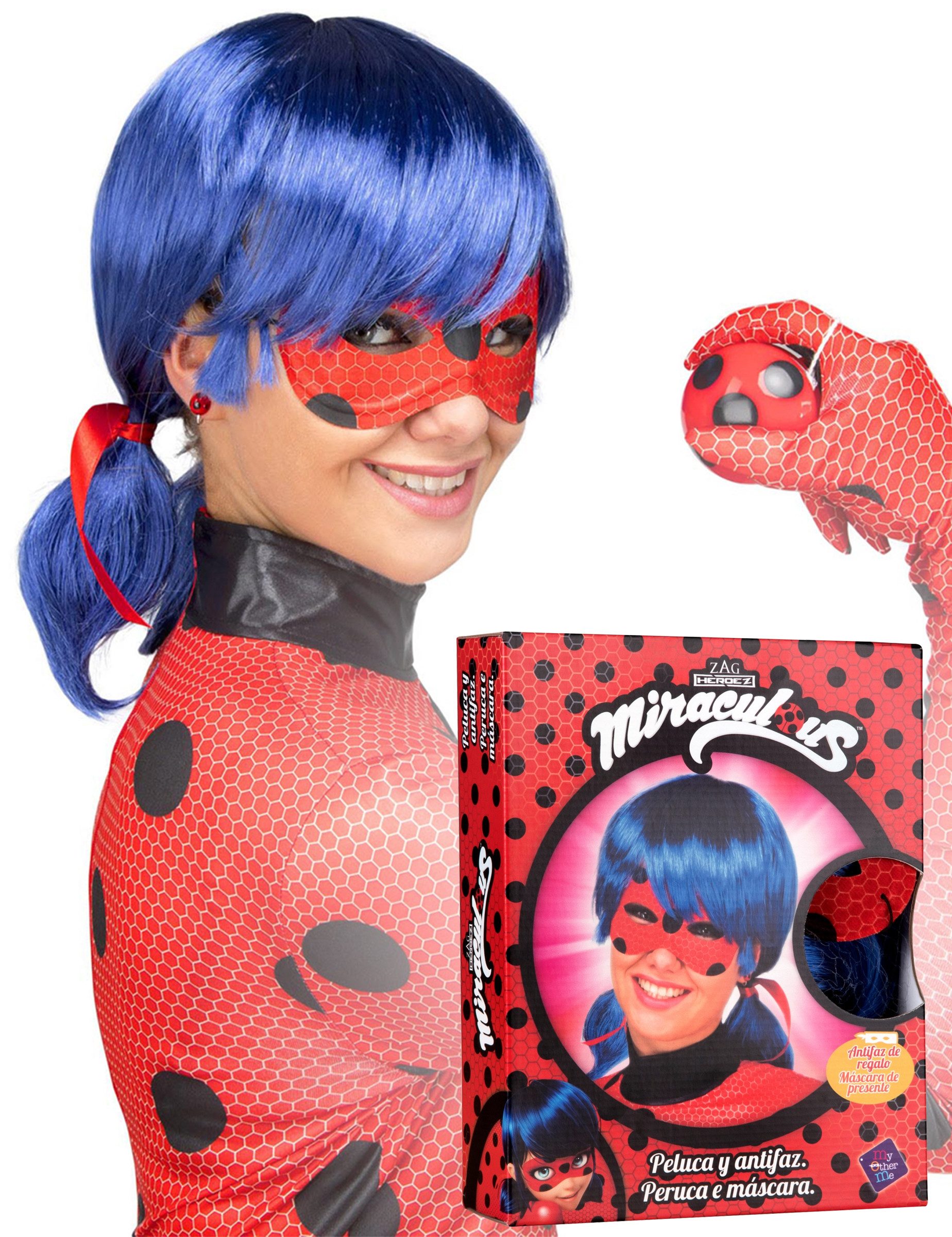 Viving Costumes Kostüm Ladybug Perücke mit Maske für Erwachsene blau-rot-schwarz