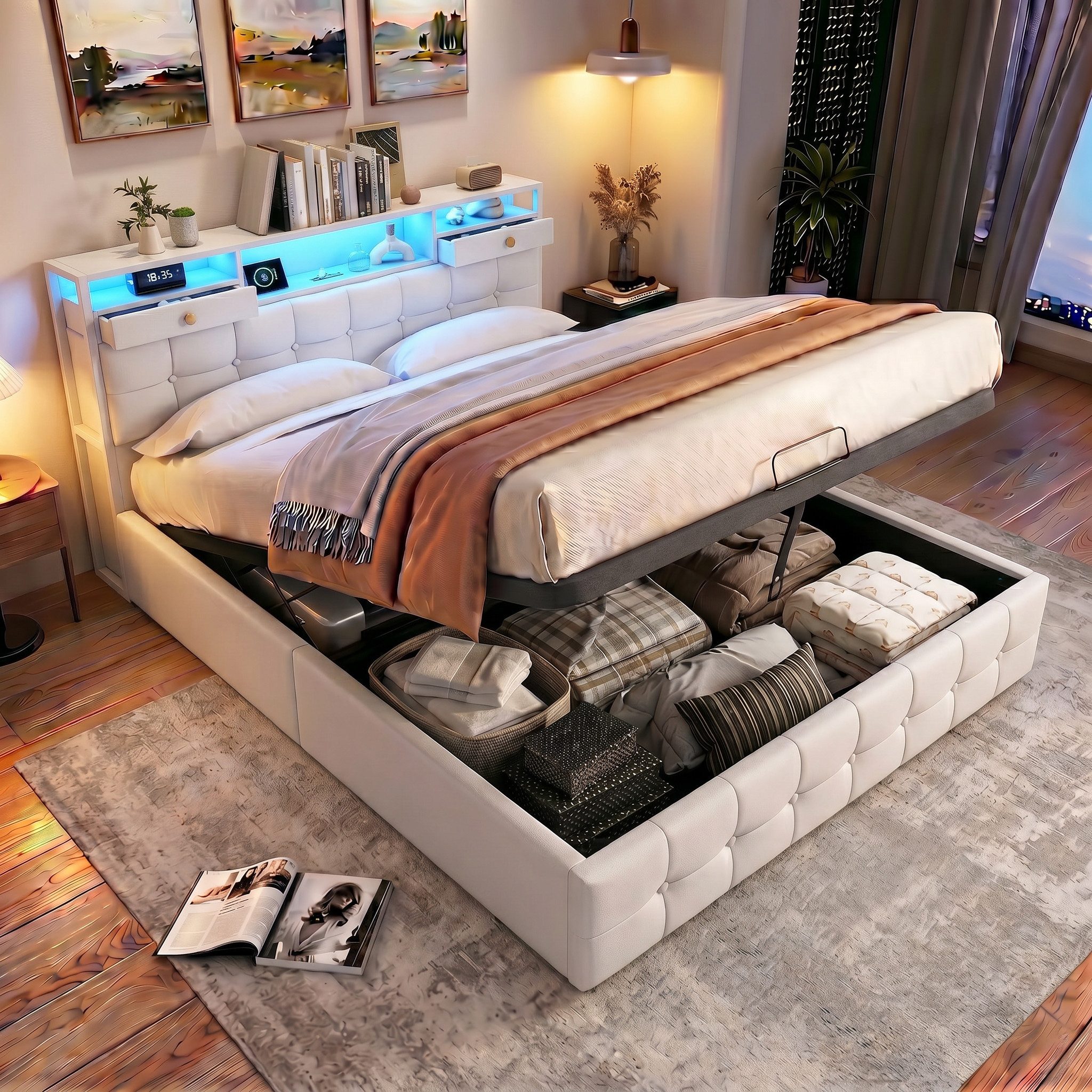 Gdood Polsterbett Stauraumbett Doppelbett LED (1 tlg., Inkl. Bettkasten), Mit LED-Beleuchtung, Ladefunktion, Samt, 140x200 cm