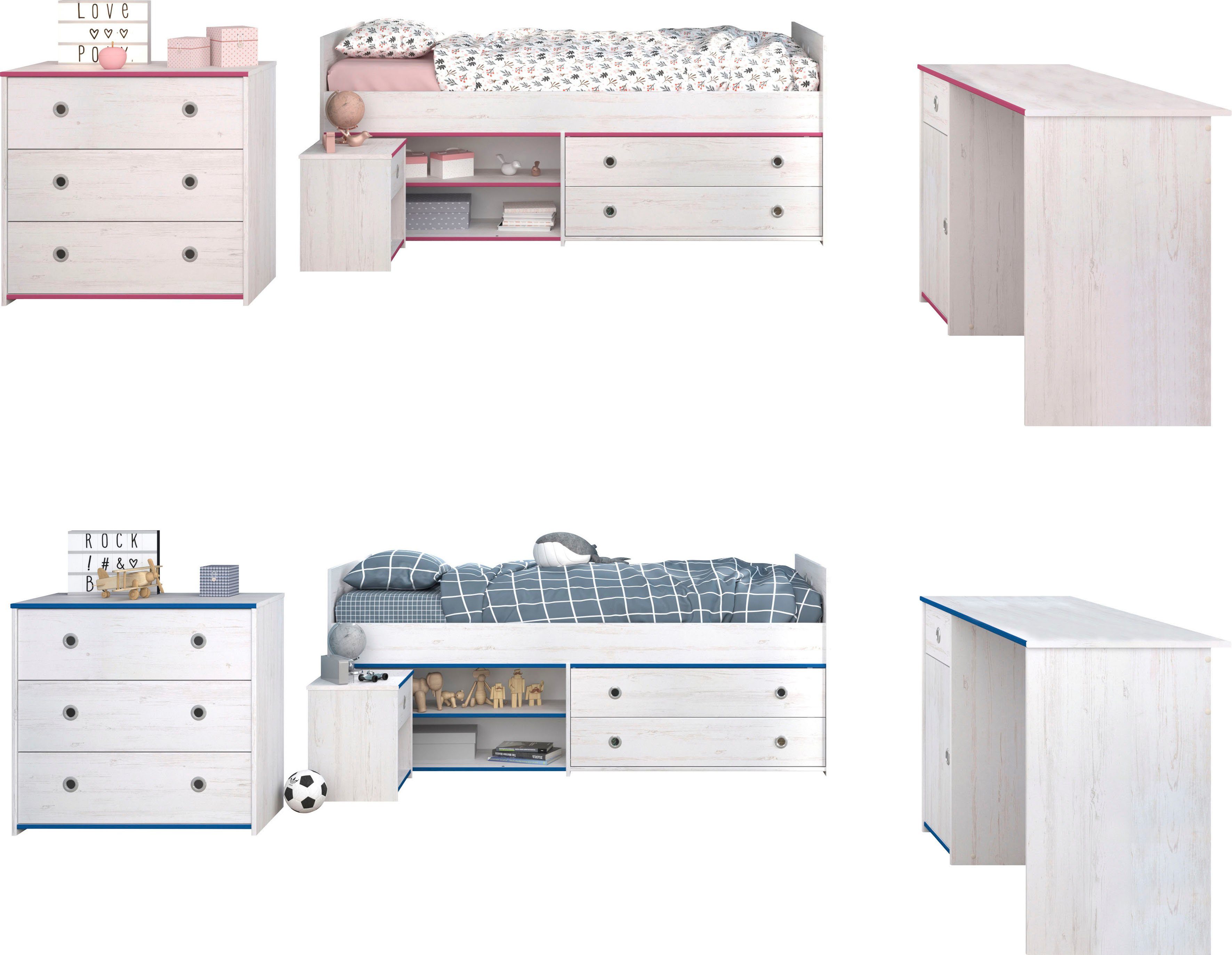 Parisot Jugendzimmer-Set Smoozy, (4-tlg., Stauraumbett, Nachttisch, Schreibtisch und Schubkastenkommode)