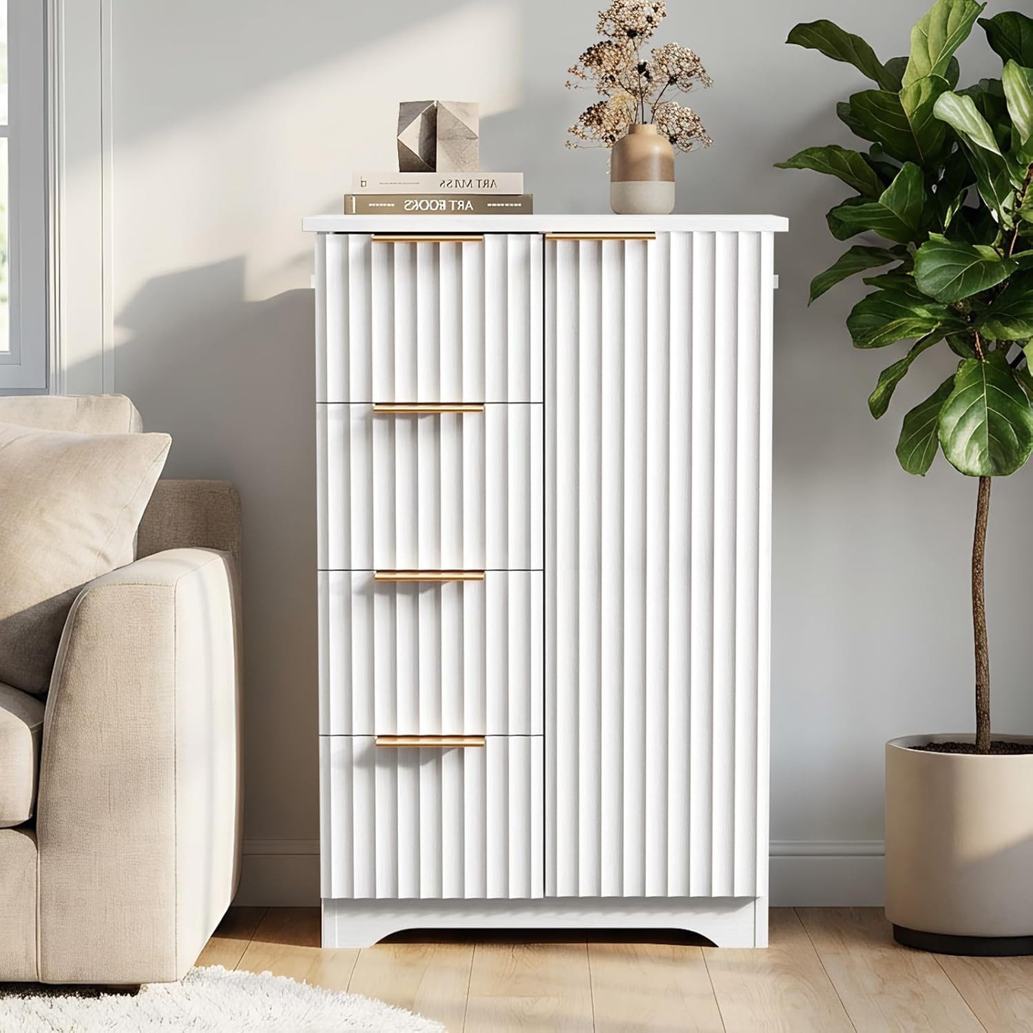 Karlhome Sideboard mit 3D-Lamellenoptik, 4 Schubladen und 1 Tür, 53,4 × 29 × 82,5 cm (1 St), platzsparende Kommode für Wohnzimmer und Küche, Holz-Design