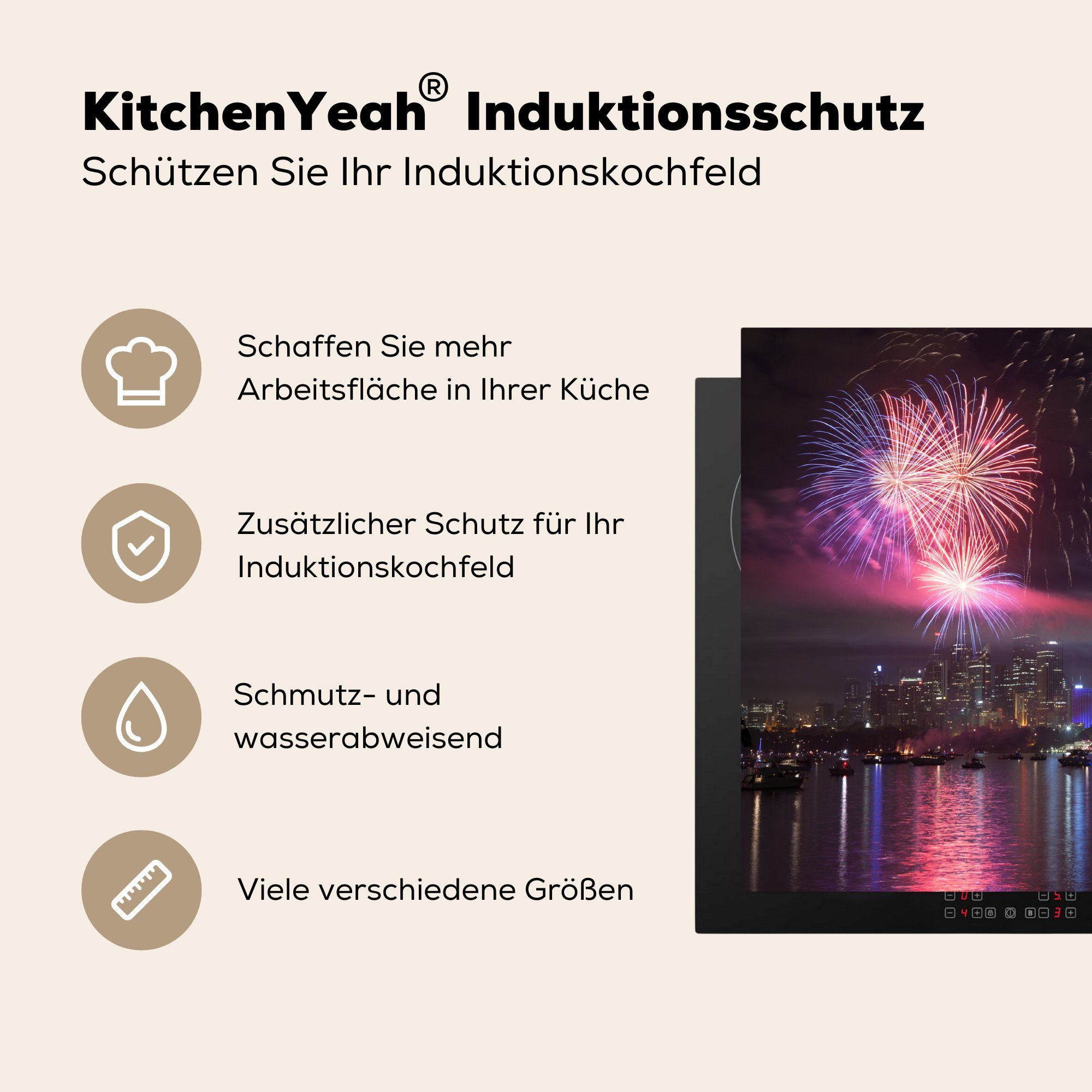 MuchoWow Herdblende-/Abdeckplatte Das Feuerwerk während Sydney tlg), über 60x52 Mobile Vinyl, nutzbar, cm, australischen (1 Ceranfeldabdeckung des, Stadt Arbeitsfläche der