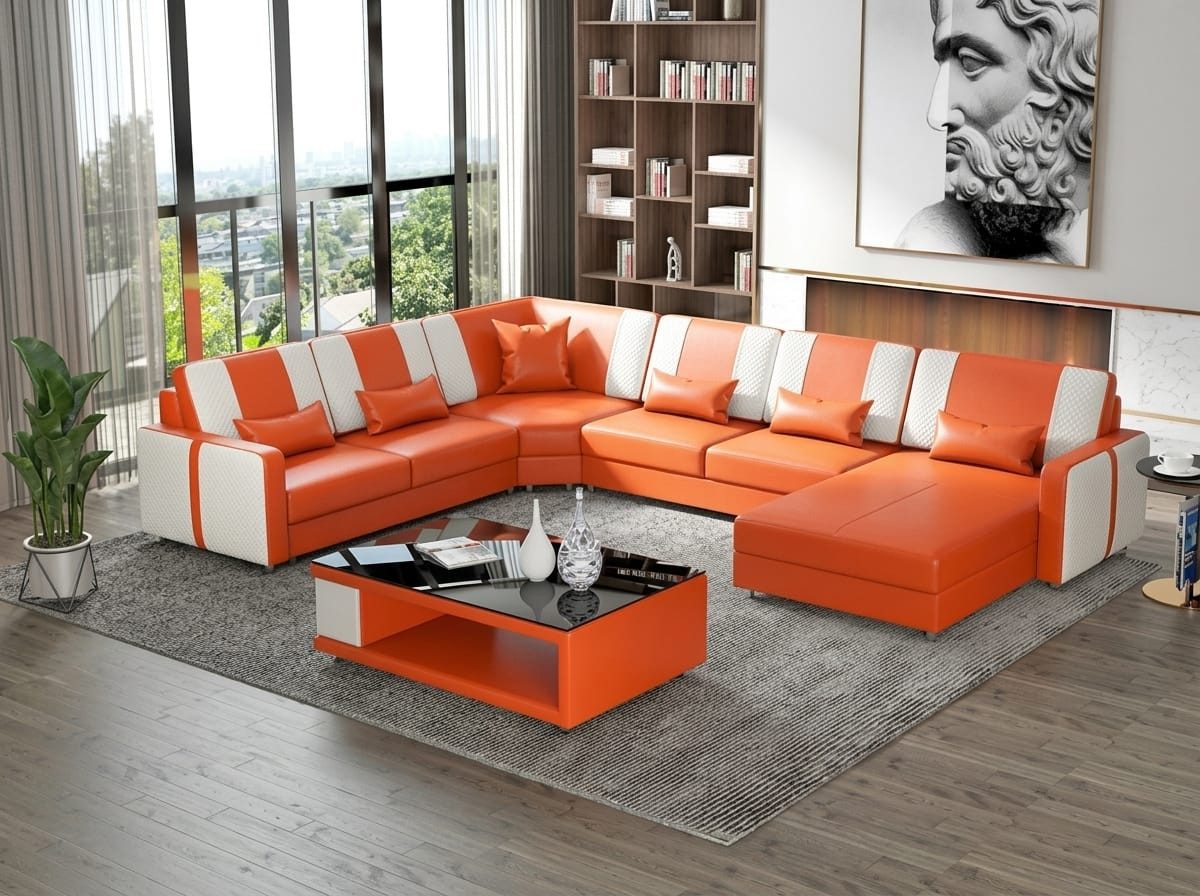 JVmoebel Wohnlandschaft Modernes U-Form Leder Ecksofa in Orange mit Couchtisch, Wohnzimmer Set 2 Teile, Einfarbig