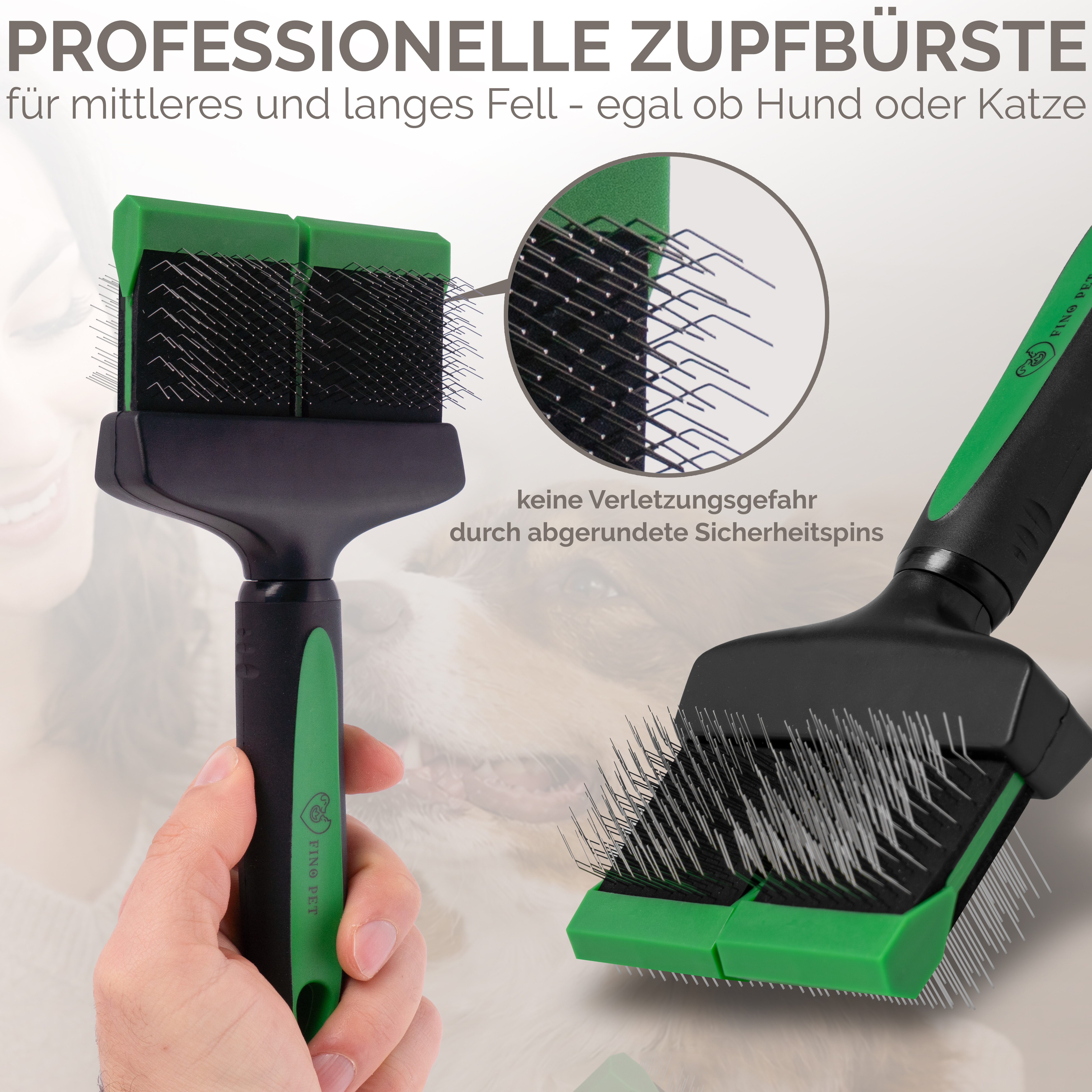 FinoPet Fellbürste Zupfbürste Hund, Slicker Bürste für Langhaar Pudelbürste Hundebürste, Edelstahl, (Effiziente Hundebürste Unterwolle Katzenbürste, Ideal für Doodle & Langhaarhunde inklusive Hundekamm), Flexibler Kopf mit weichen Softpins