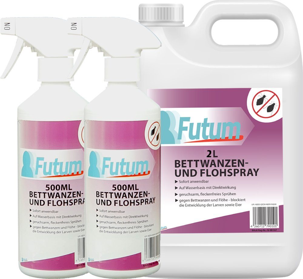 FUTUM Insektenspray Floh-Mittel Ungeziefer-Spray, Langzeitwirkung Anti-Bettwanzen-Spray l, brennt / mit geruchsarm, ätzt 3 Wasserbasis, auf nicht