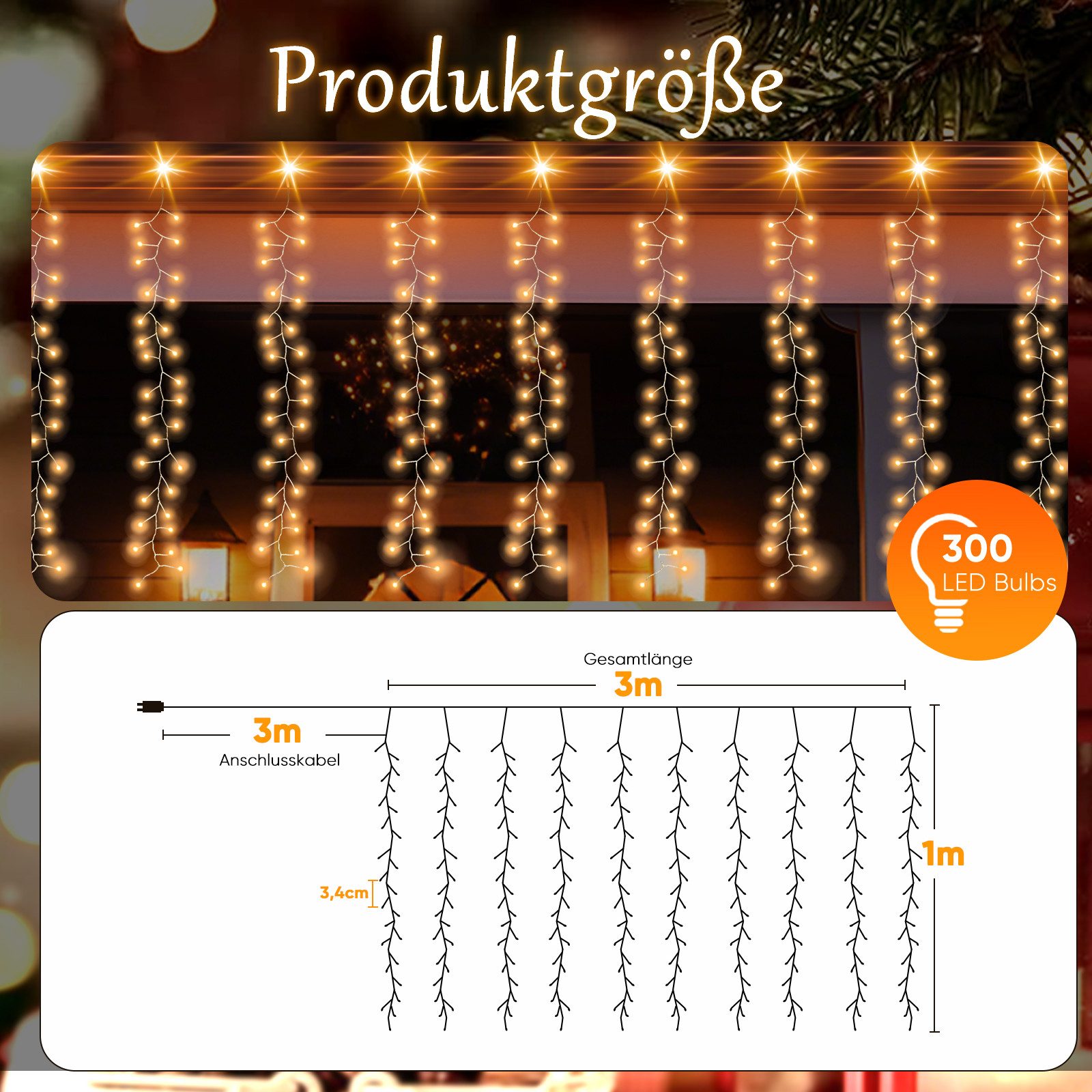 Salcar LED-Lichterkette 300er LED Eisregen Lichterkette Fenster Kupferdraht LED Lichtervorhang, 300-flammig, 3m x 1m Cluster Lichterkette Außen mit 8 Modi, Time – Bild 4 von 5
