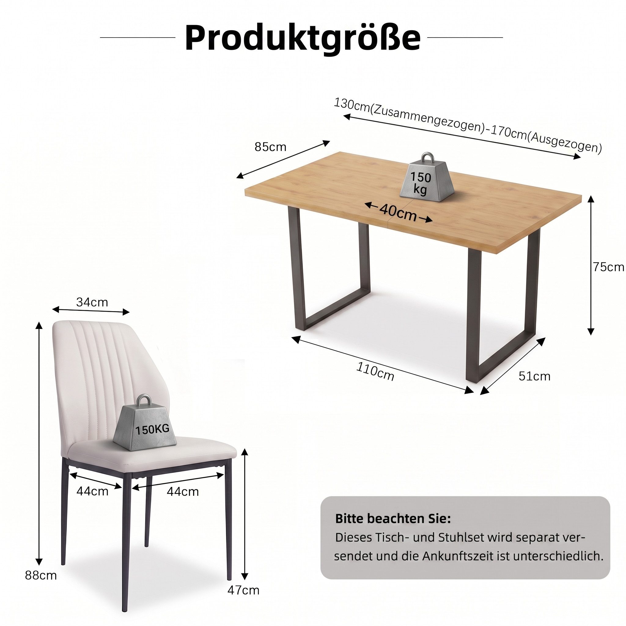 Jiexi Essgruppe Tisch-und Stuhlset, Ausziehbarer Esstisch (130–170 cm) mit 4-6 Stühlen – Bild 3 von 5