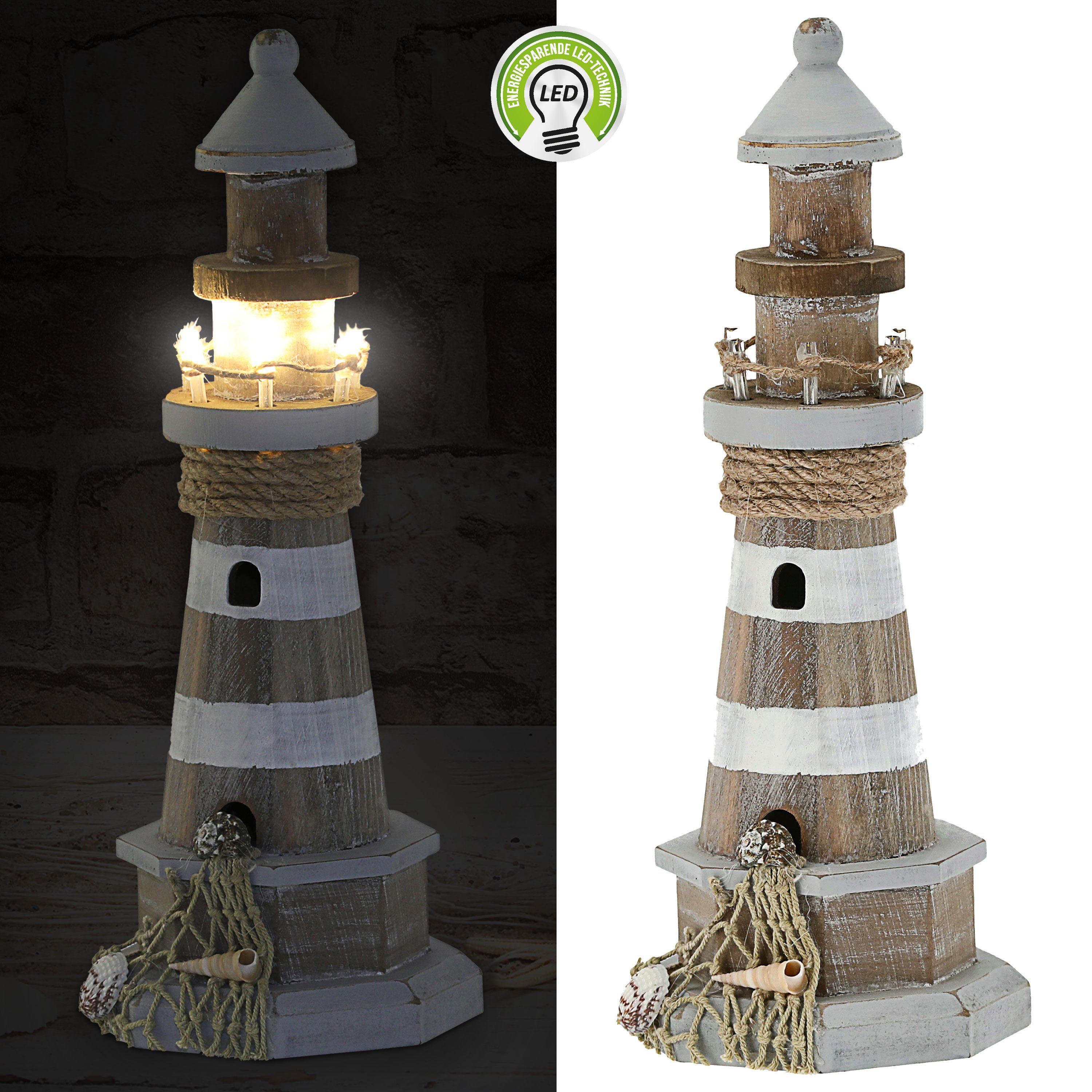 CEPEWA Windlicht LED Leuchtturm maritim Kiefernholz Jute H29cm Antikfinisch Leuchtfeuer