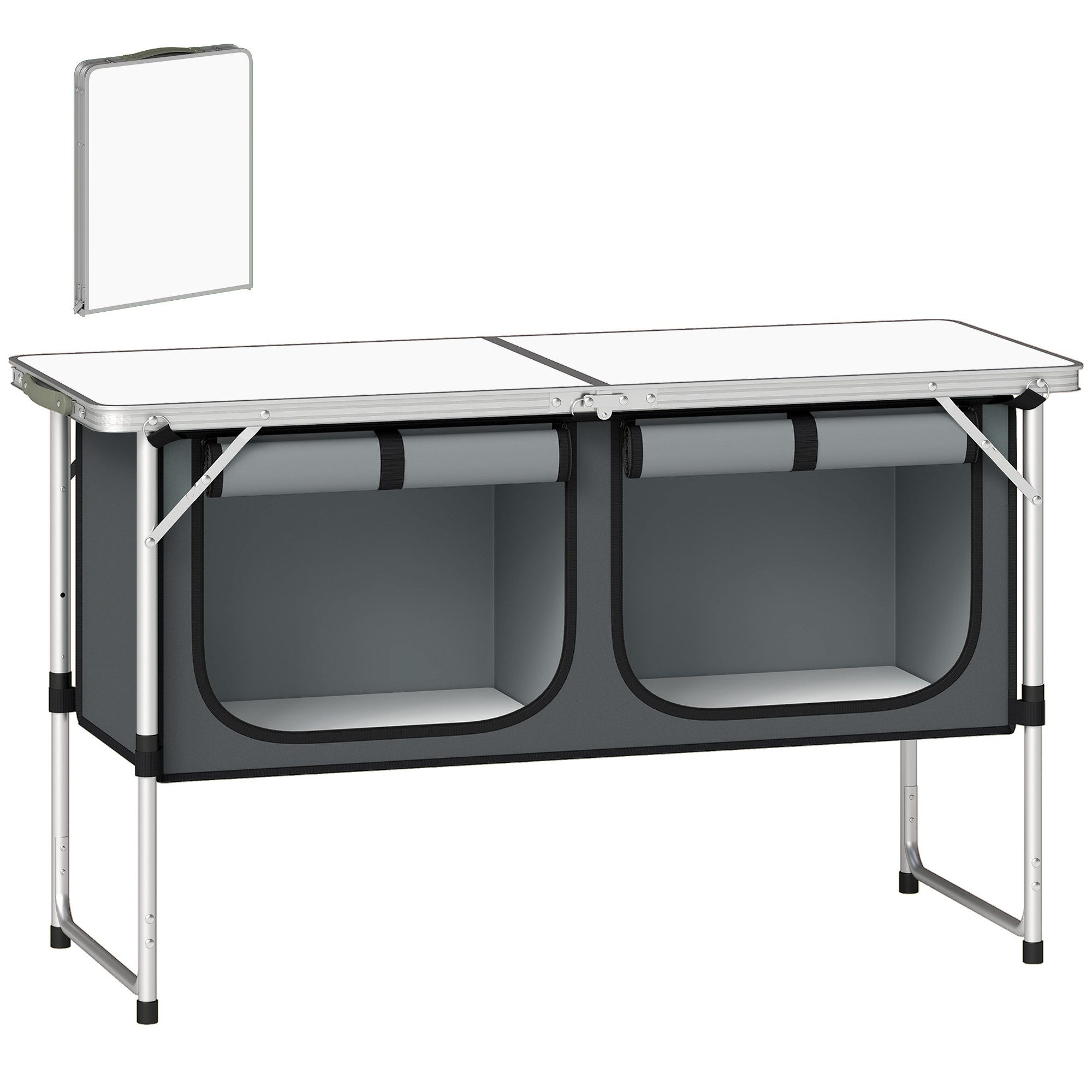 Outsunny Schrankeinsatz mit Aluminiumgestell, Staufach, Arbeitsplatte (faltbar Campingschrank, 1 St., Camping Küche), für Camping Reisen Silber